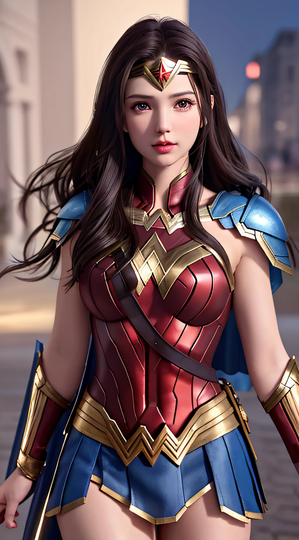 wonder woman, red and blue armor, photography, soft lighting, soft detail, octane, artstation trend, super high detail, super realistic, cinema, 16k, ((realistic lighting, best quality, 8k, masterpiece: 1.3)), focus: 1.2, 1girl, perfect beauty: 1.4, slim abs: 1.1, (dark brown hair)), (white crop top: 1.4), (outdoor, Night: 1.1), city streets, ultra-fine face, fine eyes, double eyelids,