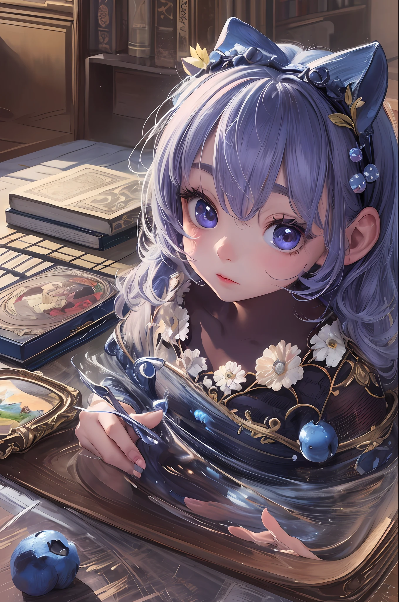 ( Absurd , High quality , ultra detailed, masterpiece, concept art, smooth, highly detailed artwork, hyper realistic painting ) girl , blueberry bookworm character , blueberry , cute , whole body , Romantic , Vivid