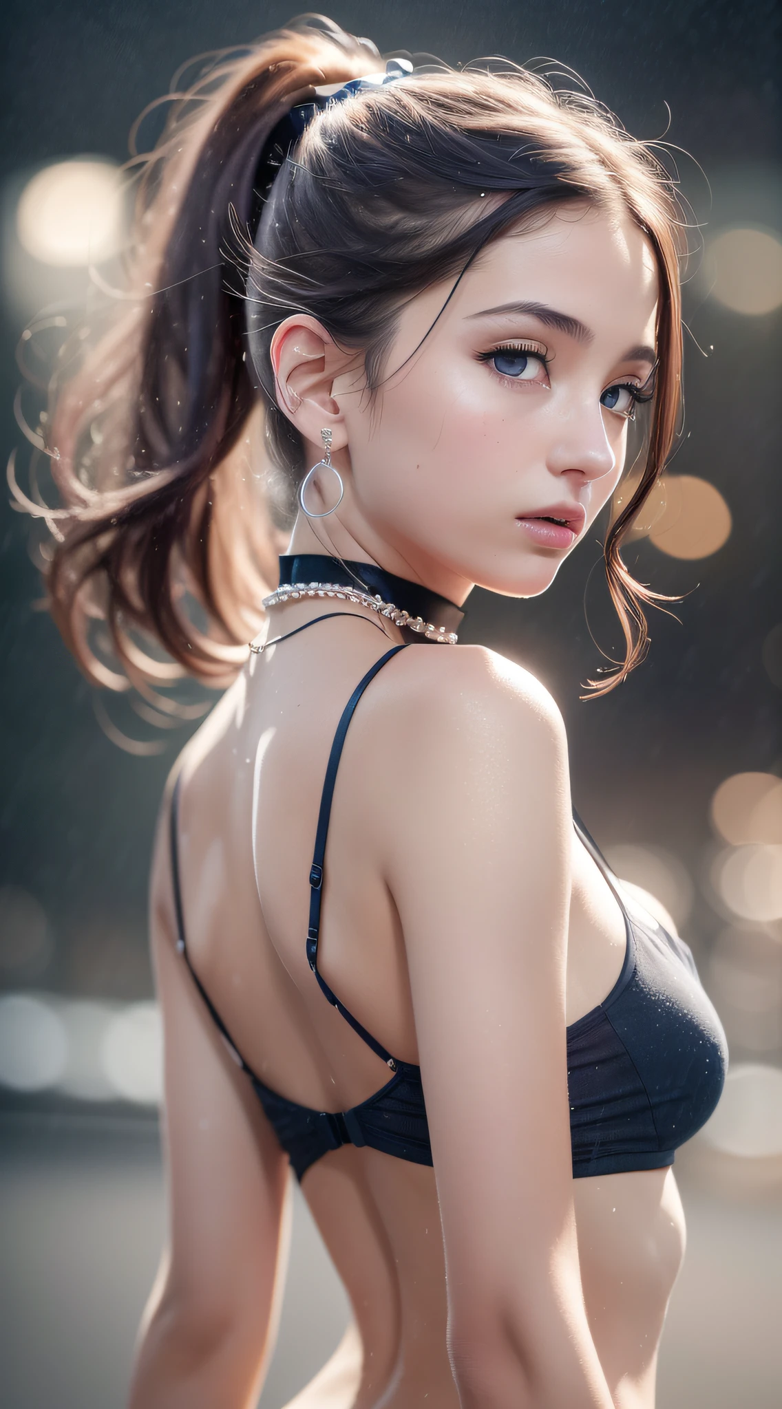 from side, hip up,((addielyn)), side pose, Random posture, night time, (An extremely delicate and beautiful work), (masterpiece), 1girl, streetwear, highly detailed, ponytail contorted, charming expression, beautiful and clear eyes, blue eye pupil, delicate pearl necklace, delicate earrings, simple blurred background, extreme detail description, beautiful, charming, ultra-fine painting, delicate face, delicate figure, Fine collarbones, lovely lips, soft behind, mix4,(8k, RAW photo, best quality, masterpiece:1.2), (realistic, photo-realistic:1.37),1girl,cute,cityscape, night, rain, wet, professional lighting, photon mapping, radiosity, physically-based rendering, above waist,