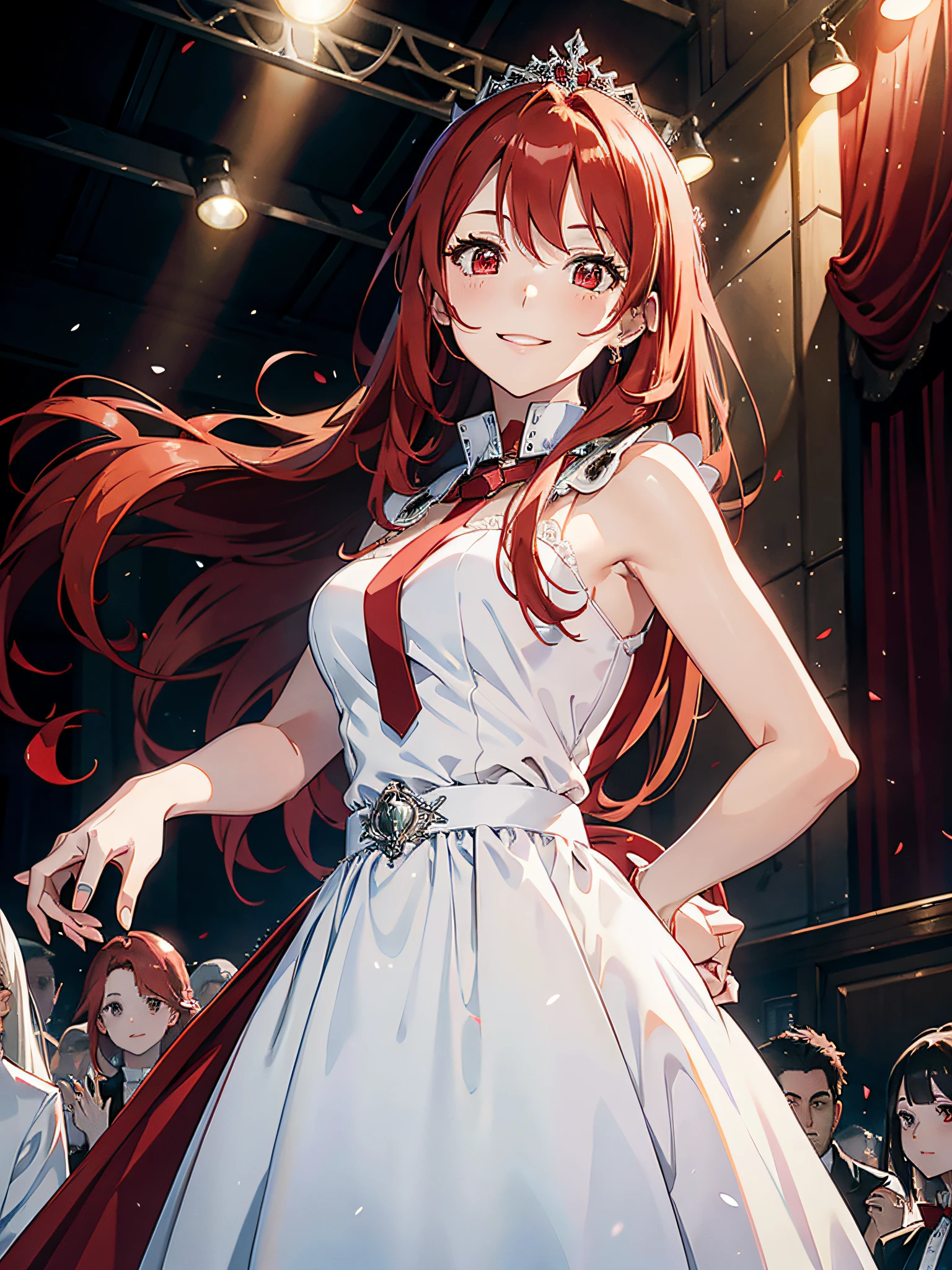 A woman with long red hair and red eyes wearing a white stand-up collar wedding dress, smiling, in the audience, watching the concert, upper body