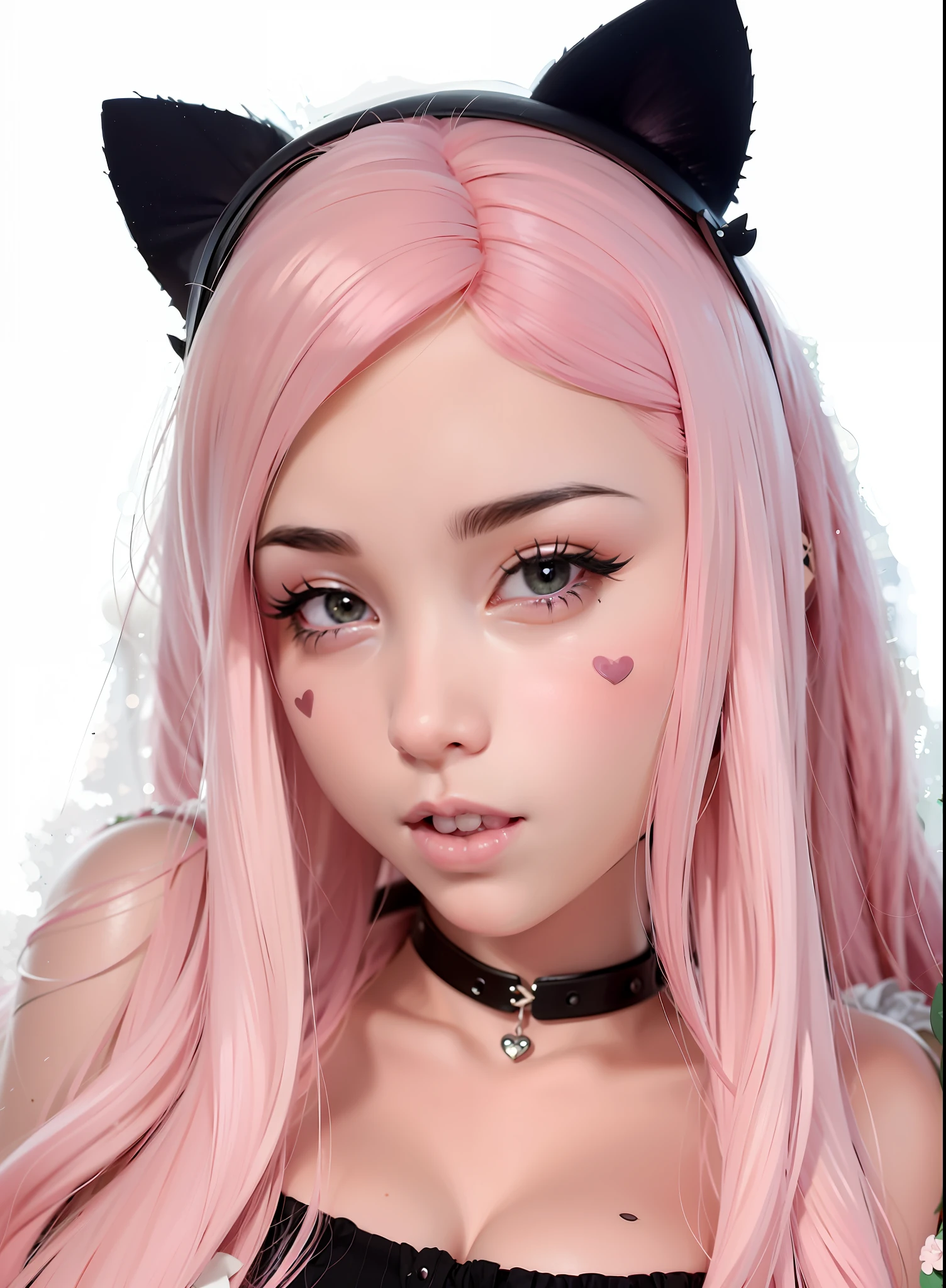 araffe with pink hair and black ears and a black choke, belle delphine, girl with cat ears, beautiful young catgirl, very beautiful cute catgirl, anime girl with cat ears, attractive cat girl, kawaii realistic portrait, pink wispy hair, fake cat ears, cat ears, woman with cat ears, pink straight hair, with pink hair