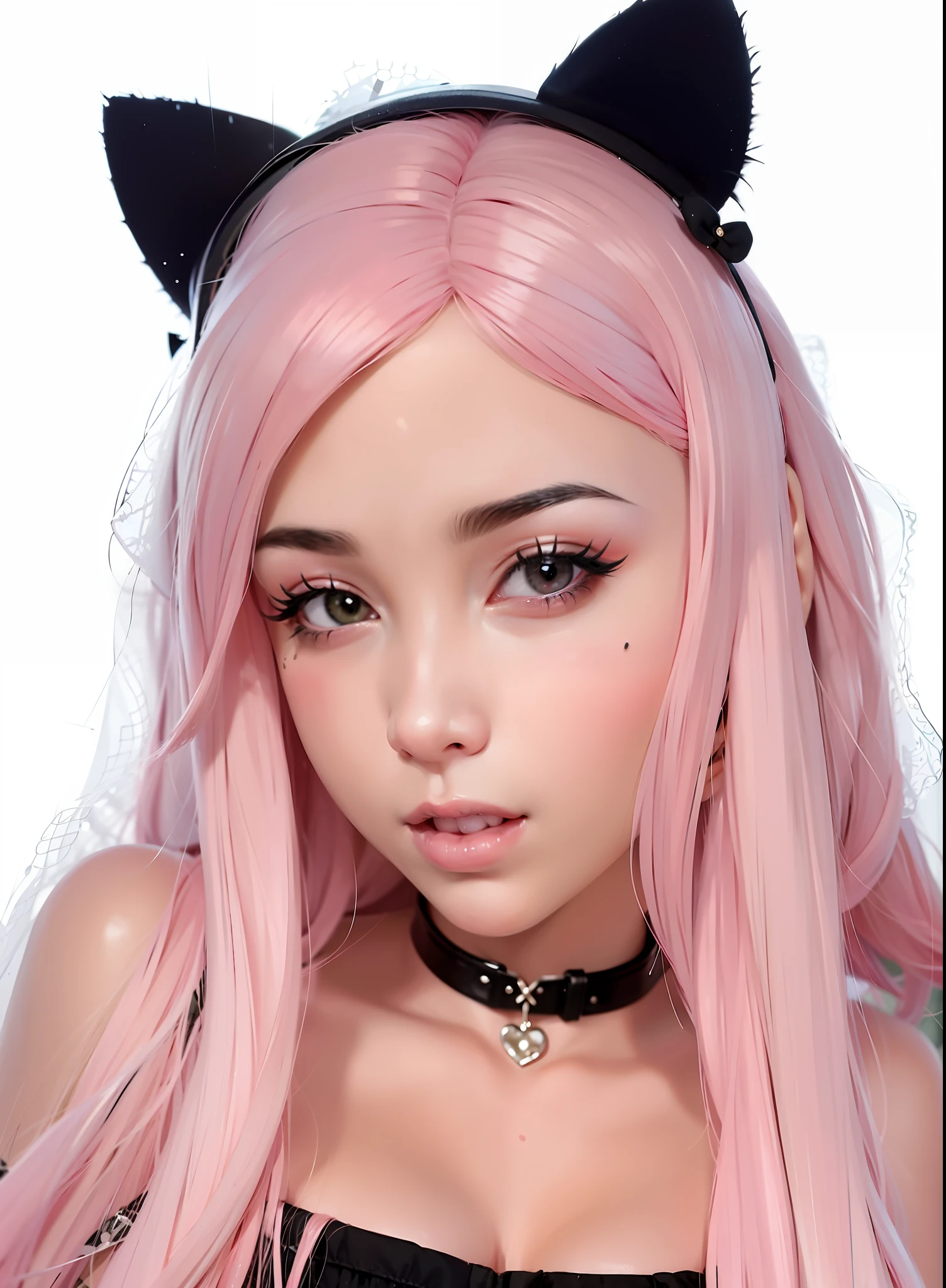 araffe with pink hair and black ears and a black choke, belle delphine, girl with cat ears, beautiful young catgirl, very beautiful cute catgirl, anime girl with cat ears, attractive cat girl, kawaii realistic portrait, pink wispy hair, fake cat ears, cat ears, woman with cat ears, pink straight hair, with pink hair