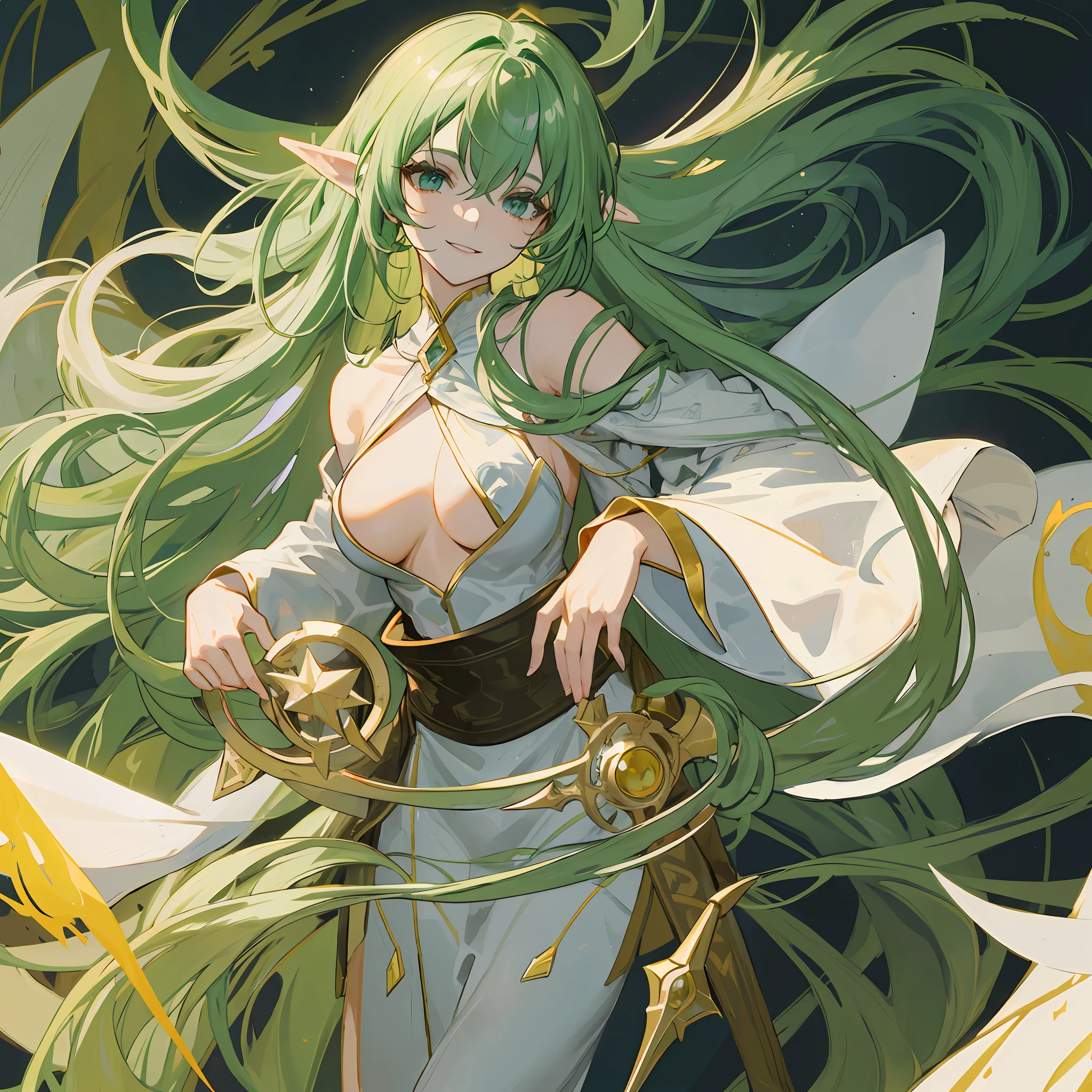 A cruel handsome girl, wearing a white robe lined with gold, she is alchemist, green flowing hair with psychopath smile, white background with medium breast