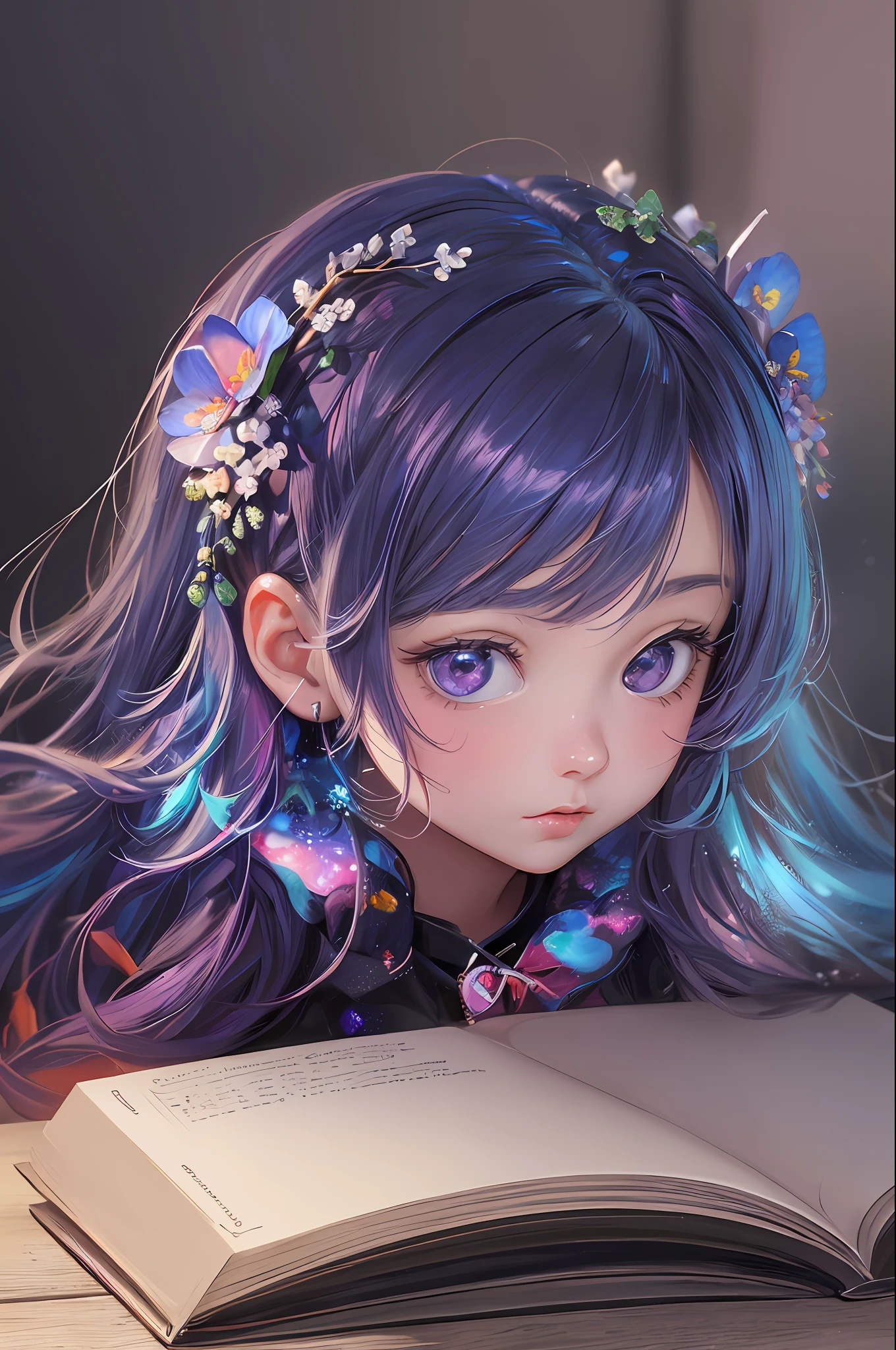 ( Absurd , High quality , ultra detailed, masterpiece, concept art, smooth, highly detailed artwork, hyper realistic painting ) little girl , blueberry bookworm character , blueberry , cute , whole body , Romantic , Vivid , colorful