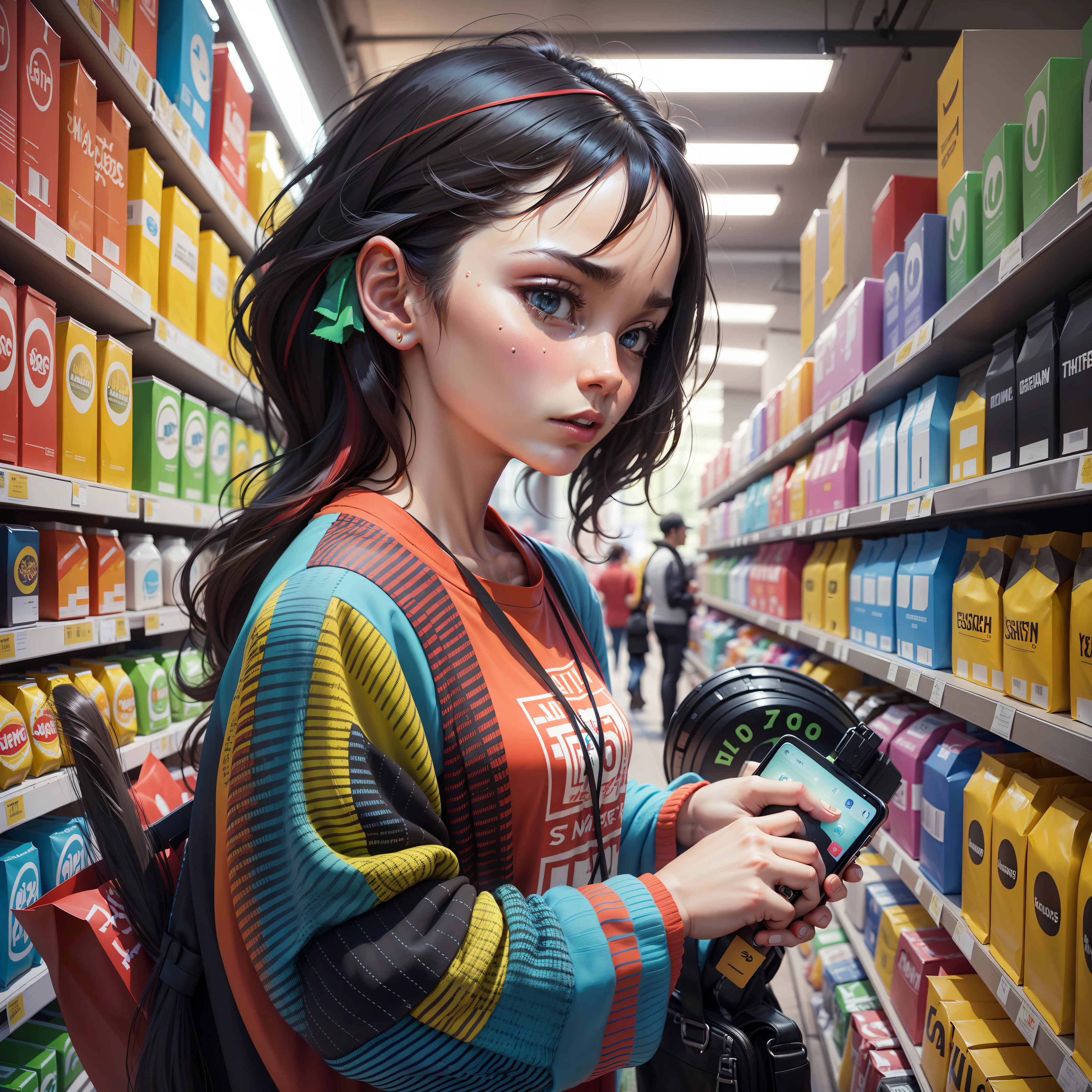 (best quality, masterpiece), a great human figure is represented, with the body formed by a myriad of objects and products, symbolizing our capitalist and consumerist society. The figure is composed of colorful and bright elements, standing out amid a dark background.
The central figure is surrounded by a multitude of diverse objects such as smartphones, laptops, shopping bags, food packaging, cars and other goods. These elements are represented in different shapes, sizes and vibrant colors, creating a kaleidoscope effect.
The colors used are intense and contrasting, reflecting the frenetic and flashy nature of consumerism. Vibrant reds, bright yellows, electric blues and shimmering greens fill the frame, creating a sense of energy and movement. However, as one observes more closely, subtle details emerge from the composition. Small price labels are pasted on some of the objects, indicating the commercial nature of these goods. In addition, it is possible to notice distorted and tired facial expressions in the people represented, suggesting the dissatisfaction and emptiness generated by rampant consumerism. There is also a contrast between the central figure, which is depicted in high definition and detail, and the dark background, which represents the shadow and obscurity underlying this consumerist society. --auto --s2