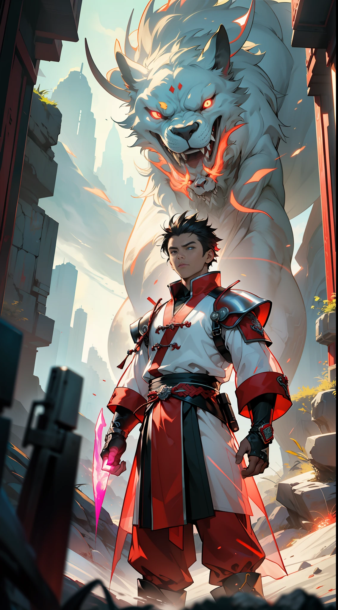 (((ultra-wide angle))),(((thirds composition)),((character vista)),((wild wasteland)), a young Taoist priest, ((inch)), standing in front of (((a red-and-white glowing translucent guardian)))), (Chinese fantasy))), ((super huge guardian)), hands outstretched, high detail, anime style, chiaroscuro, depth of field, backlight, bust, motion video, stereoscopic perspective, UHD, masterpiece, ccurate, super detail, high detail, high quality, 4K, best quality, high resolution
Warming up