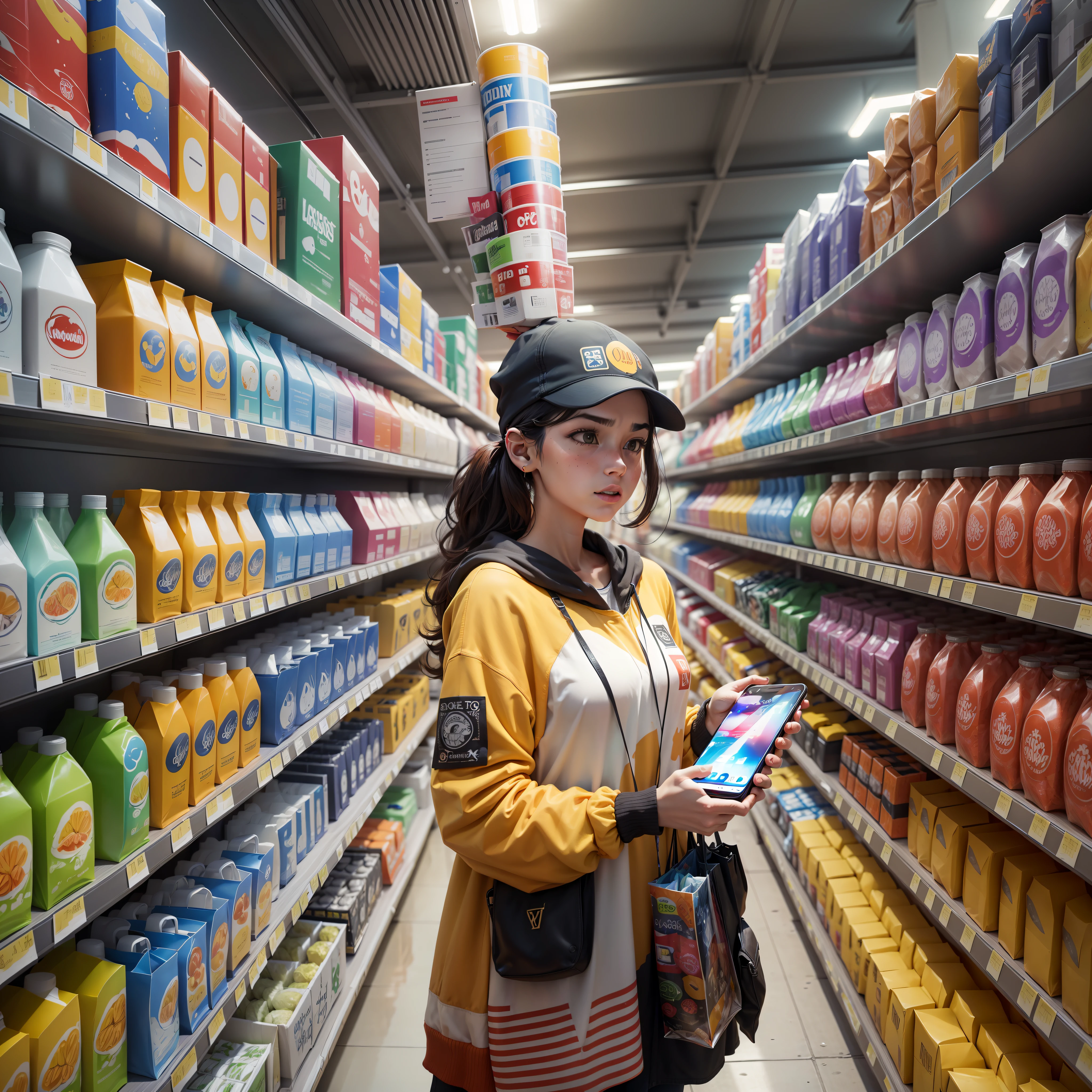 (best quality, masterpiece), a great human figure is represented, with the body formed by a myriad of objects and products, symbolizing our capitalist and consumerist society. The figure is composed of colorful and bright elements, standing out amid a dark background.

The central figure is surrounded by a multitude of diverse objects such as smartphones, laptops, shopping bags, food packaging, cars and other goods. These elements are represented in different shapes, sizes and vibrant colors, creating a kaleidoscope effect.

The colors used are intense and contrasting, reflecting the frenetic and flashy nature of consumerism. Vibrant reds, bright yellows, electric blues and shimmering greens fill the frame, creating a sense of energy and movement. However, as one observes more closely, subtle details emerge from the composition. Small price labels are pasted on some of the objects, indicating the commercial nature of these goods. In addition, it is possible to notice distorted and tired facial expressions in the people represented, suggesting the dissatisfaction and emptiness generated by rampant consumerism. There is also a contrast between the central figure, which is depicted in high definition and detail, and the dark background, which represents the shadow and obscurity underlying this consumerist society. --auto --s2