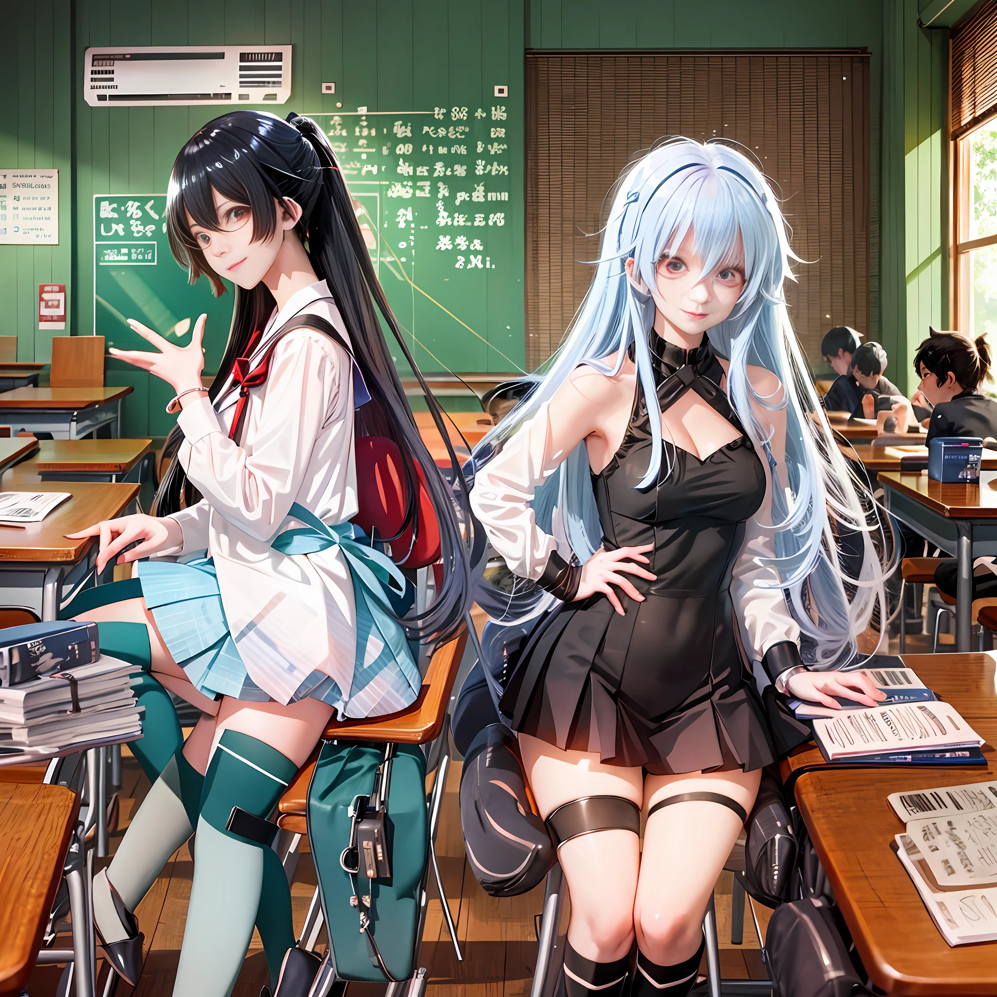 Six anime characters in the classroom, one white hair anime boy, one black hair anime girl, four black hair long hair anime girls