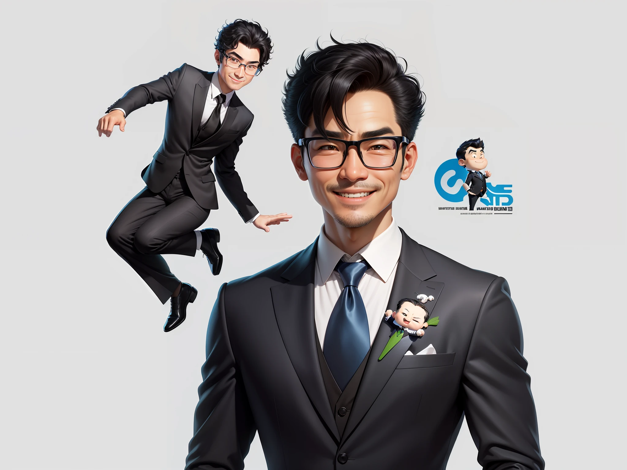 (Masterpiece), (Excellent), (Super Meticulous), (Full Body: 1.2), 1girl, Chibi, Cute, Smile, Open Mouth, Taiwanese middle-aged uncle male portrait, extremely detailed face, black hair, (super short hair) middle-aged handsome uncle, Taiwanese man, silver glasses, slightly chubby face, very clean face, black super short hair, black eyes, black suit, blue tie, confident smile, digital painting, film, character design of Mark Laydon and Pixar and Hayao Miyazaki, the illustration is a high-definition illustration in 4K resolution, With very detailed facial features and cartoon-style visuals.