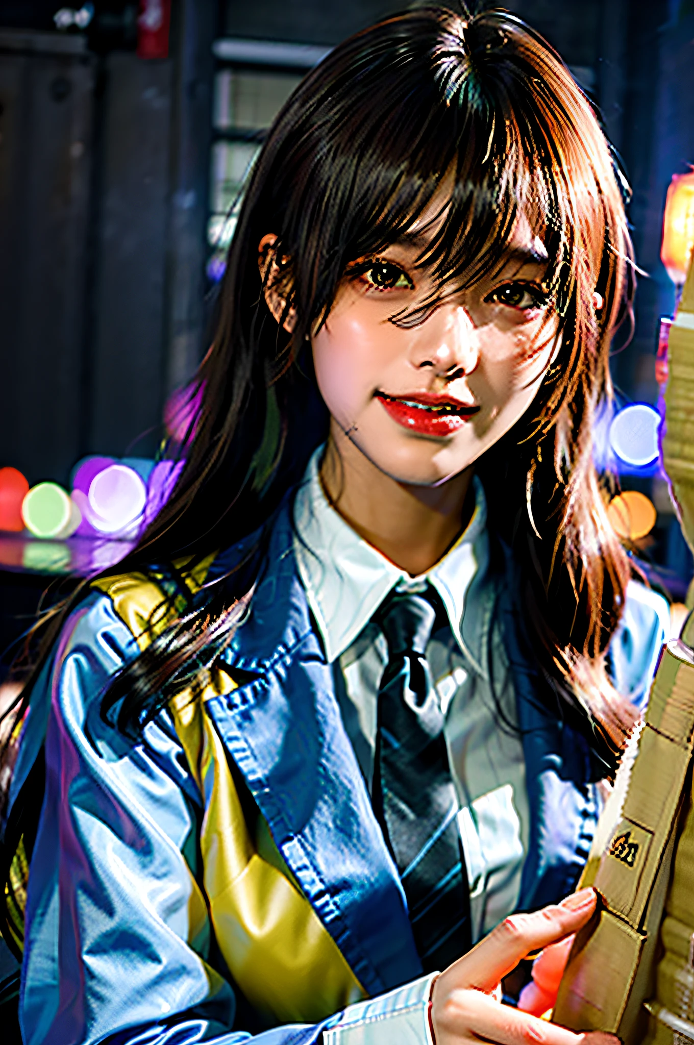 (masterpiece), best quality, ultra high res, close up, slim body, 1girl,school uniform, long hair, laughing, ramen, night, Tokyo restaurant background, colorful lights, photon mapping, radiosity, physically-based rendering, cinematic lighting, intricate, High Detail, Sharp focus, dramatic, photorealistic