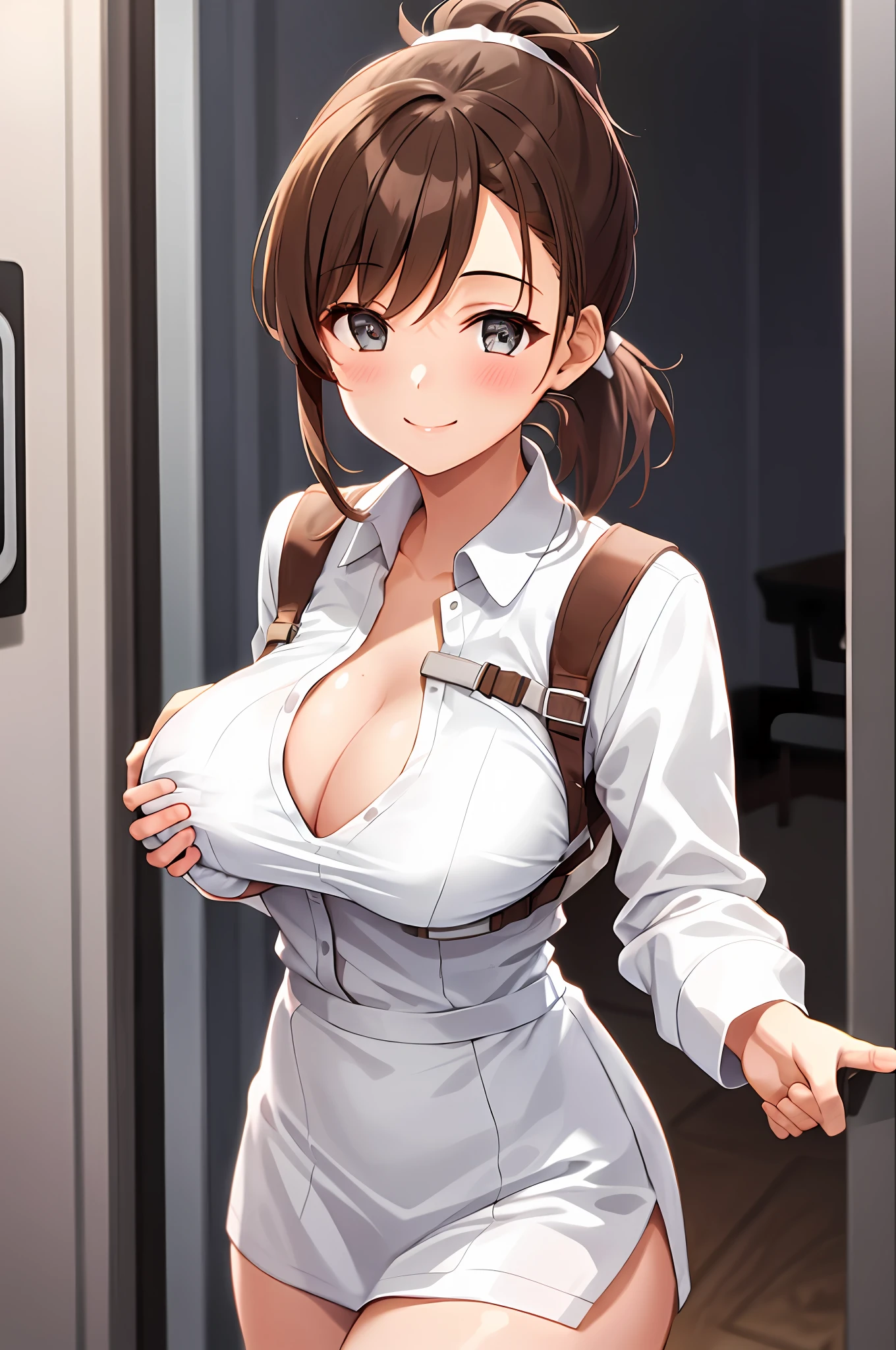 1girl, solo, Brown ponytail, cleavage, white nurse outfit, smiling, standing, (grabbing breasts:1.4), cowboy shot