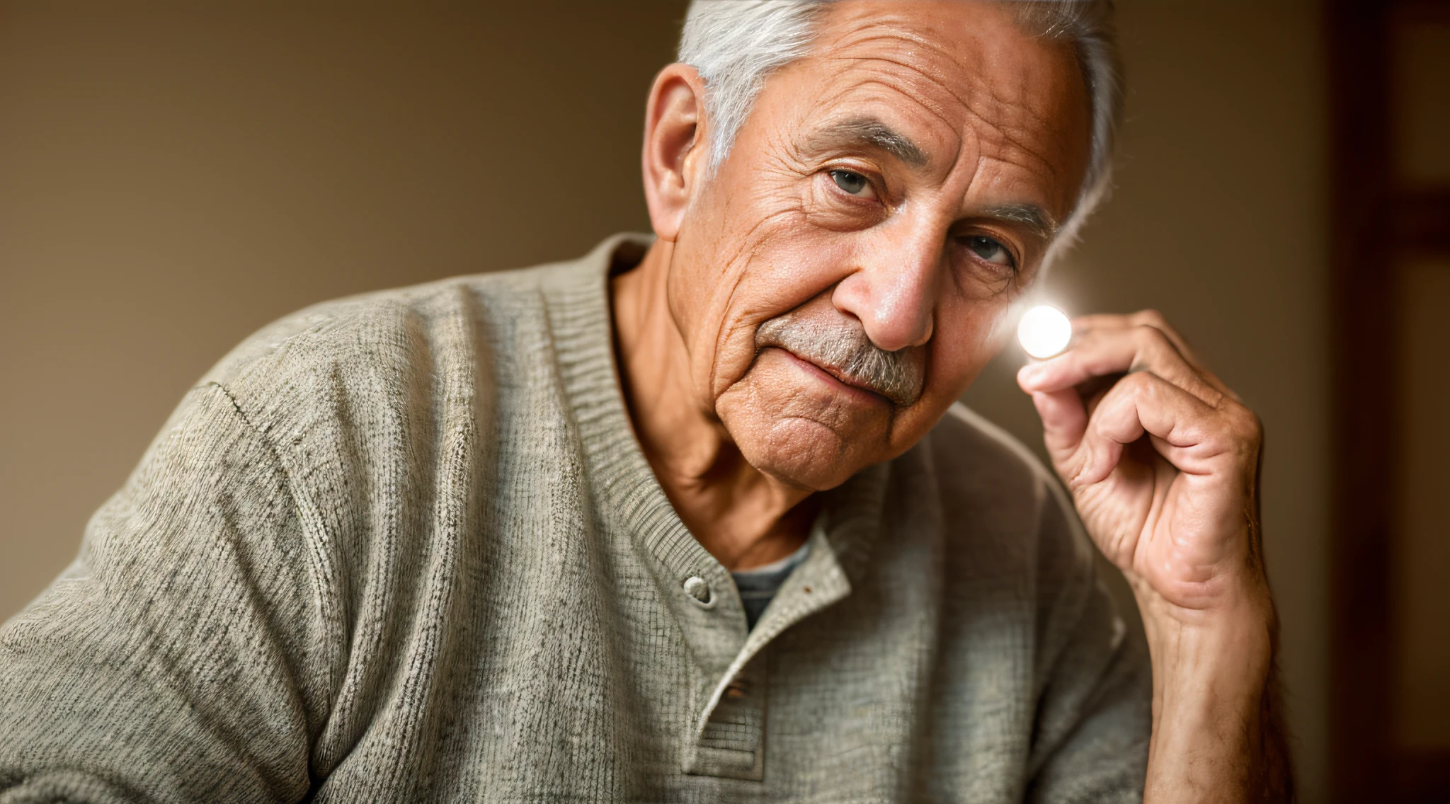 (masterpiece, photorealistic, raw,:1.4), (extremely intricate:1.2), close up, cinematic light, sidelighting, ultra high res, best shadow, RAW, upper body, old man, wearing pullover,