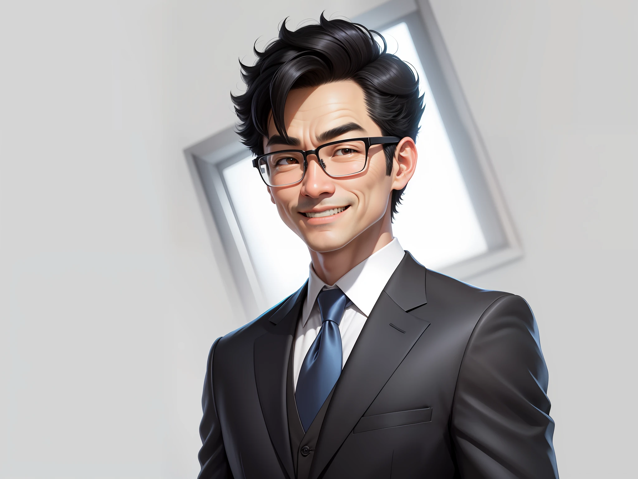 (Masterpiece), (Excellent), (Super Meticulous), (Full Body: 1.2), 1girl, Chibi, Cute, Smile, Open Mouth, Taiwanese middle-aged uncle male portrait, extremely detailed face, black hair, (super short hair) middle-aged handsome uncle, Taiwanese man, silver glasses, slightly chubby face, very clean face, black super short hair, black eyes, black suit, blue tie, confident smile, digital painting, film, character design of Mark Laydon and Pixar and Hayao Miyazaki, the illustration is a high-definition illustration in 4K resolution, With very detailed facial features and cartoon-style visuals.