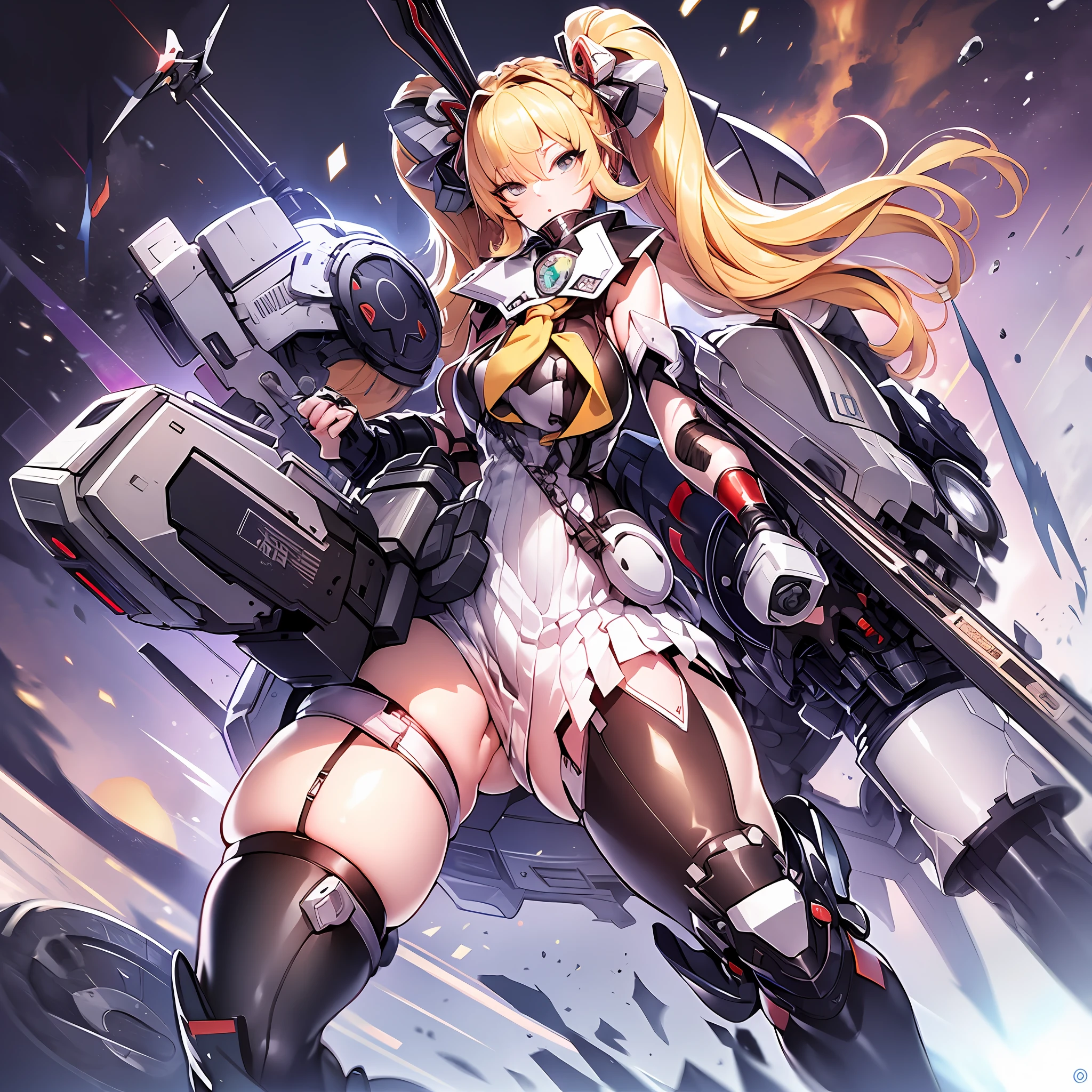 huge cool chainsaw in hands, huge cool weapon machine, mecha, mechanism, machine, open stance, armed purge, heart cutout sailor suit, changing clothes, rabbit ears, thick eyebrows, female brat, small, pigtails, beautiful blonde, braid, (masterpiece), ((highest quality)), (super detailed), Full body anime girl, clean and detailed face, high resolution and beautiful eyes, five fingers, textile shading, perfect human body structure, perfect anatomy,