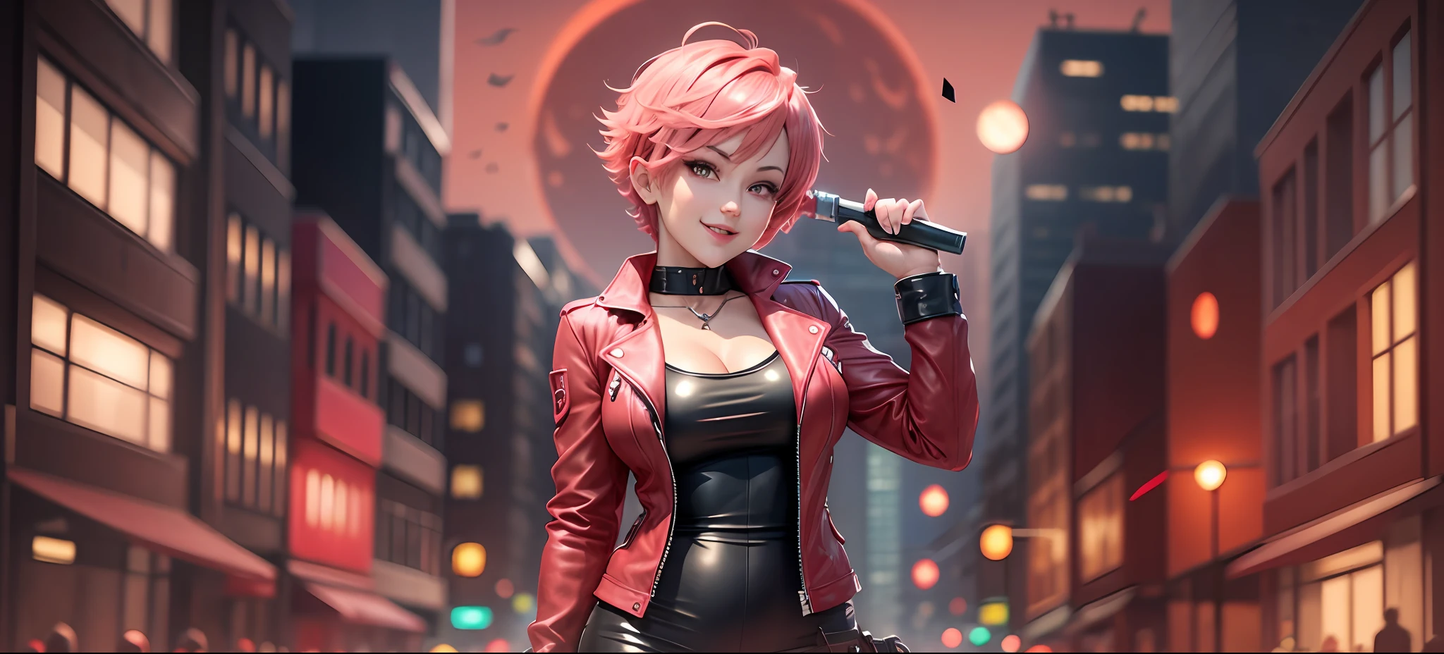 sexy cute fit anime milf with short pink hair, beautiful bright glowing red eyes, crazy yandere smile, wearing a red dress, a leather jacket, holding a knife, standing in a city square at night with a blood moon rising in the background