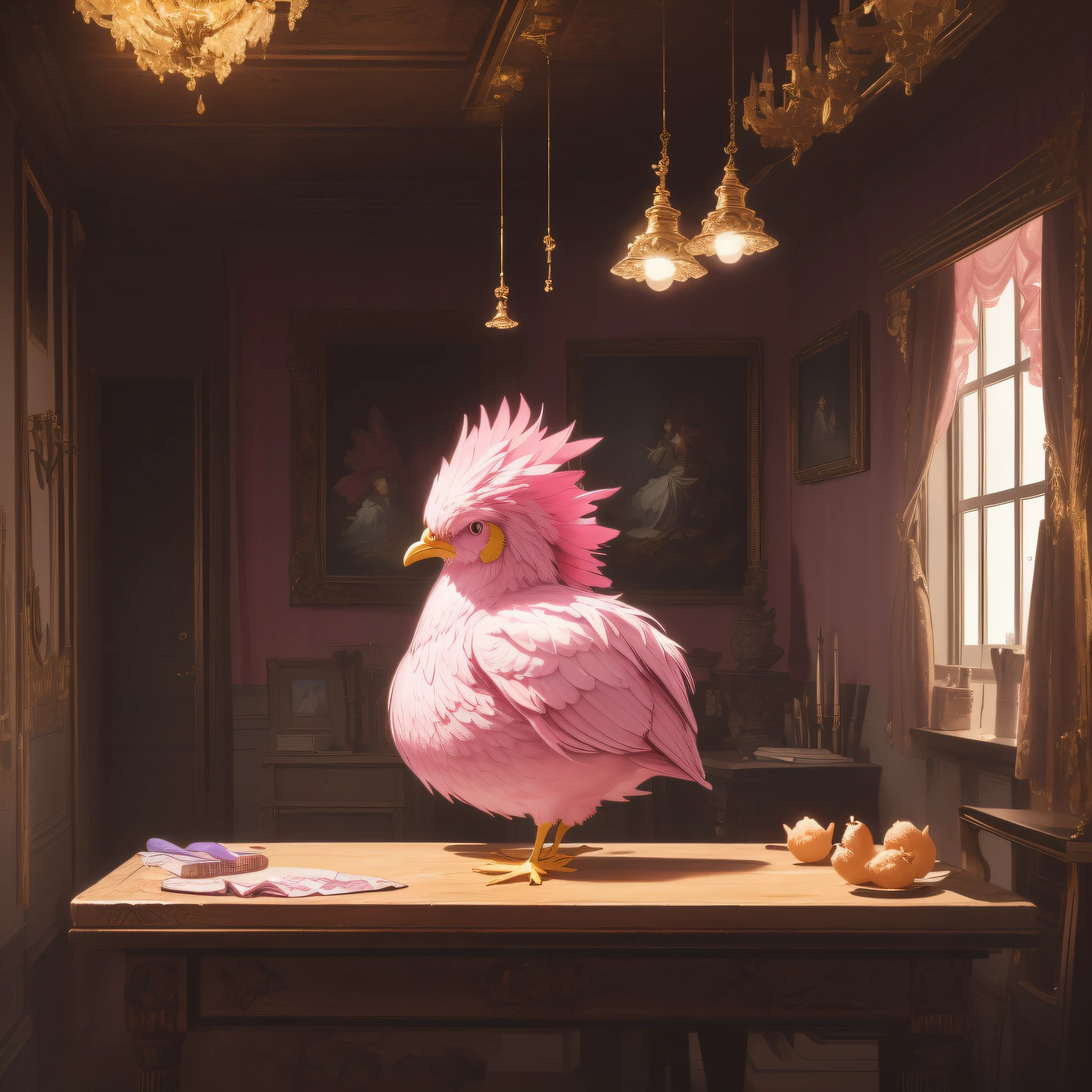 A pink chick stands on the table (best quality: 1.1) (masterpiece: 1.3) with an unbeatable masterpiece, surreal 8K, perfect artwork, super detail, best quality, masterpiece 4K wallpaper aesthetics, masterpiece, award-winning artwork, official art, cinematic lighting