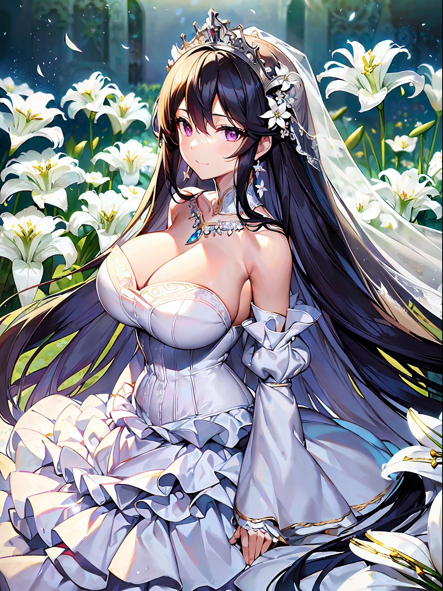 ((anime artstyle)),(((Masterpiece))), ((Best Quality)), ((Super Detail)), Illustration, (((Very Delicate and Beautiful))),Dynamic Angle,Looking at viewer,((((Solo)))),June bride,((((1 arrogant empress in white wedding dress having a wedding ceremony in a flower field)))), in the flower garden,((((Full body)))),(standing),(((smile))),Purple eyes,(Sharp eyes),Detailed Face, Long Eyelashes,Jet Black Hair,(Straight Hair),((Very Long Hair)),Bangs between eyes, ((((gigantic breasts)))),cleavage,skindentation,curvy,See-through,(((fusion of white wedding dress and white rococo ball gown))),(fluffy white wedding dress with gorgeous embroidery),((hoop skirt)),long skirt,corset,crinoline,(long wedding veil),opera gloves,finely decorated jeweled big tiara, gem earrings,finely decorated necklace,Beautifully jeweled ornaments,outdoor,sky, ((white lily flowers)), flower petals flowing, flowers,(floating church),light particles,