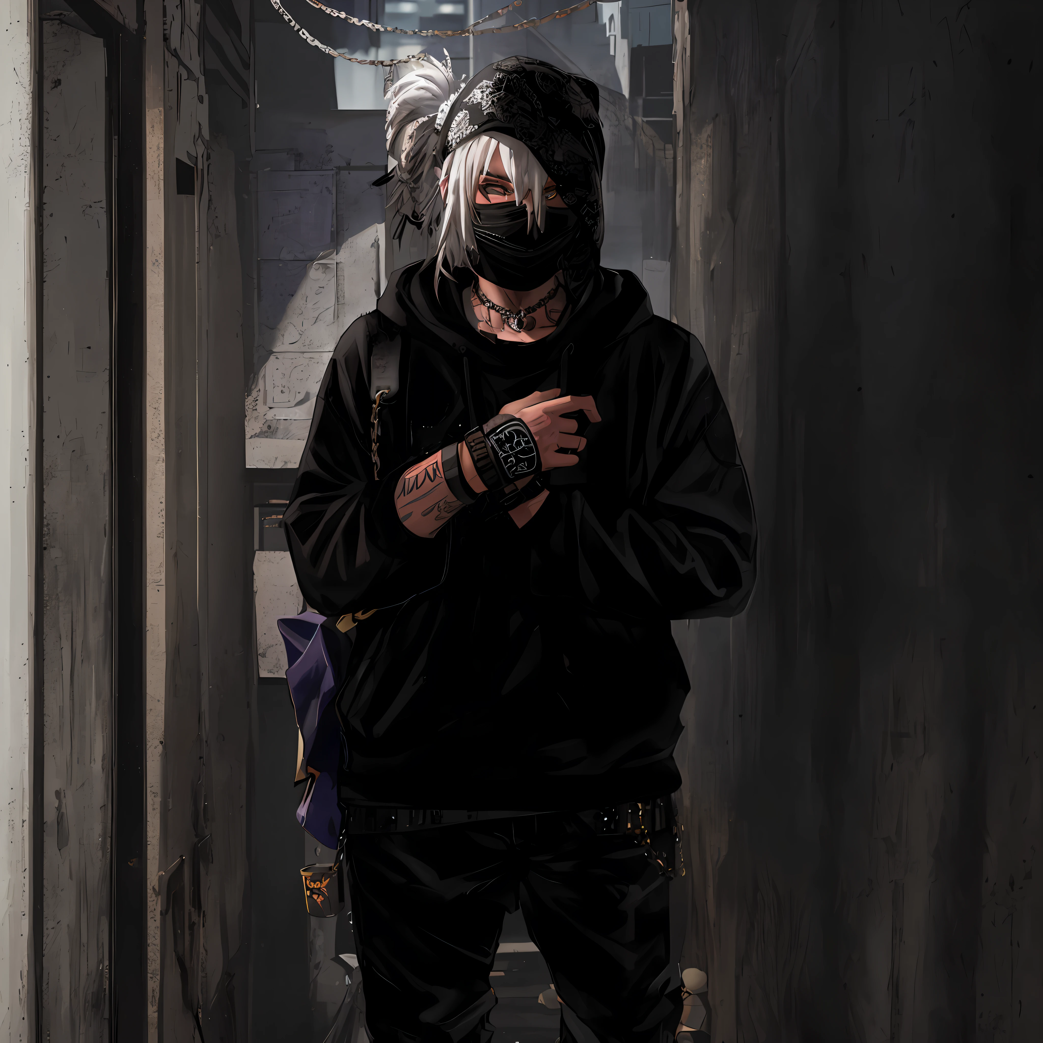 ((ultra realistic details)), arafed white man with white dreadlocks and a hoodie standing in a dark hallway, black mask, blue eyes, badass anime, portrait, global illumination, shadows, octane render, 8k, ultra sharp, metal, intricate, ornaments detailed, perfectly drawn, perfect proportions, cold colors, lil peep, lil pump, xxxtentacion, justin bieber, marshal maters, highly intricate details, realistic light, trending on cgsociety, glowing eyes, facing camera, sicko, trending, ashy, photo from a promo shoot, end of an era, official artwork, promo image, dark walls, steampunk, punk, trapstar, album cover, white man, blue eyes, chains, rings, holding a microphone, lil peep, masked, shinobi, alternate album cover, album cover!, xxxtentacion, album art cover, album art, new album cover, yung lean, music album cover, album cover, rap album cover, colored album art, hardops, arca album cover, an album cover, album artwork, sicko, trending, anime artsyle, dark, darkness, shadows, orange, blood, crime, katana, bandana, shinobi mask, perfect proportions, beautiful eyes, beautiful face, amazing, masterpiece, high resolution, 8k, 3d, shadows, lights, purple shades, perfectly drawn