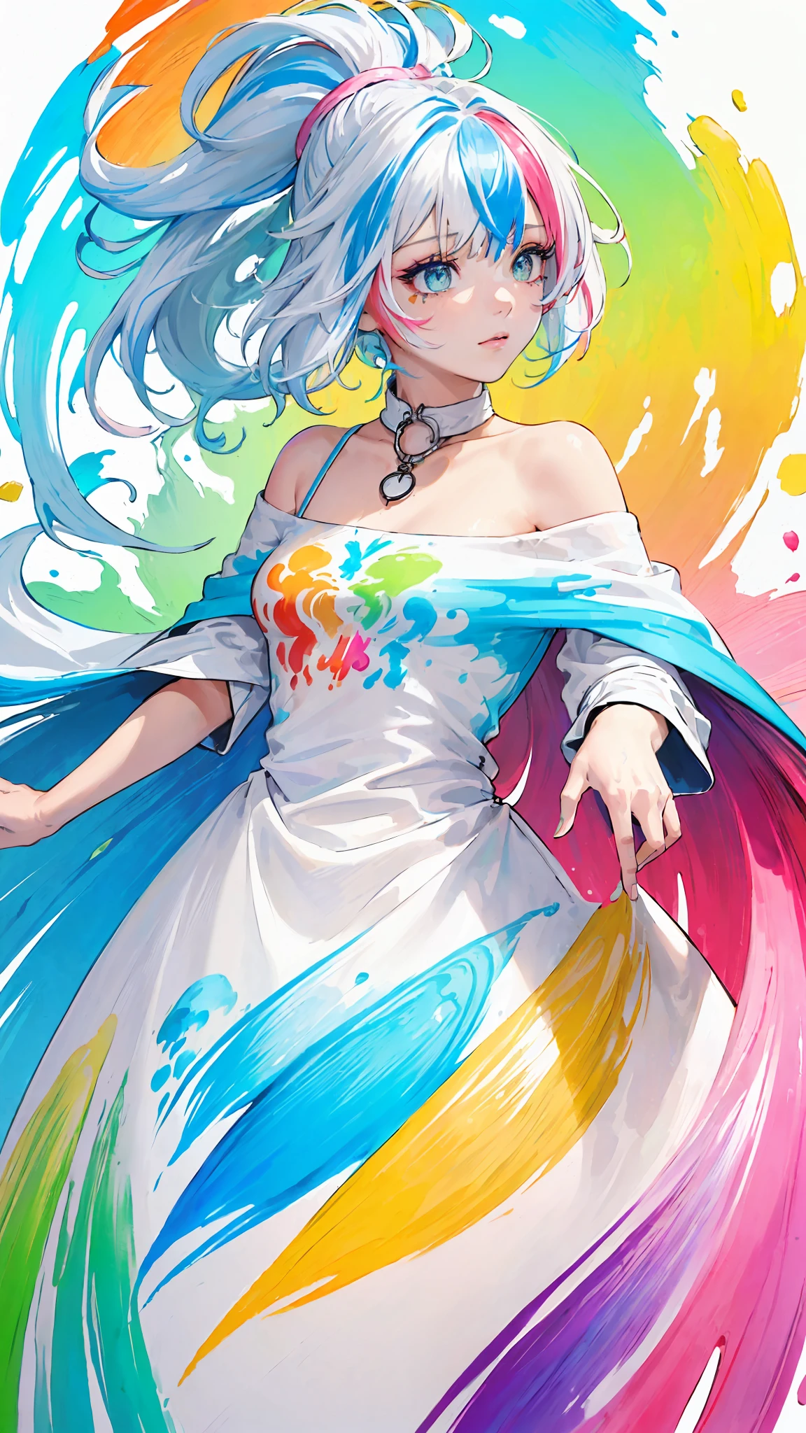 （Pink Fashion T-shirt：1.9），(Colorful hair: 1.8), (all the colours of the rainbow: 1.8),(((((vertical painting：1.6))), （painting：1.6），front, comics, illustrations, paintings, large eyes, crystal clear eyes,（ rainbow color gradient high ponytail：1.7）, exquisite makeup, closed mouth,(Small Fresh: 1.5),(Wipe Chest: 1.6) ，long eyelashes, white off shoulder T-shirt,  White Shoulder Shirt，looking at the audience, large watery eyes, (rainbow colored hair：1.6), color splash, （solo：1.8）, color splash, color explosion, thick paint style, messy lines, ((shining))，(colorful), (colorful), (colorful), colorful, Thick Paint Style, (Splash) (Color Splash), Vertical Painting, Upper Body, Paint Splash, Acrylic Pigment, Gradient, Paint, Highest Image Quality, Highest Quality, Masterpiece, Solo, Depth of Field, Face Paint,  colorful clothes, (Elegant: 1.2), gorgeous,long hair, wind, (Elegant: 1.3), (Petals: 1.4)，(((masterpiece))),(((best quality))),((ultra-detailed)),(illustration),(dynamic angle),((floating)),(paint),((disheveled hair)),(solo),(1girl) , (((detailed anima face))),((beautiful detailed face)),collar,bare shoulders,white hair, ((colorful hair)),((streaked hair)),beautiful detailed eyes,(Gradient color eyes),(((colorful eyes))),(((colorful background))),(((high saturation))),(((surrounded by colorful splashes))),