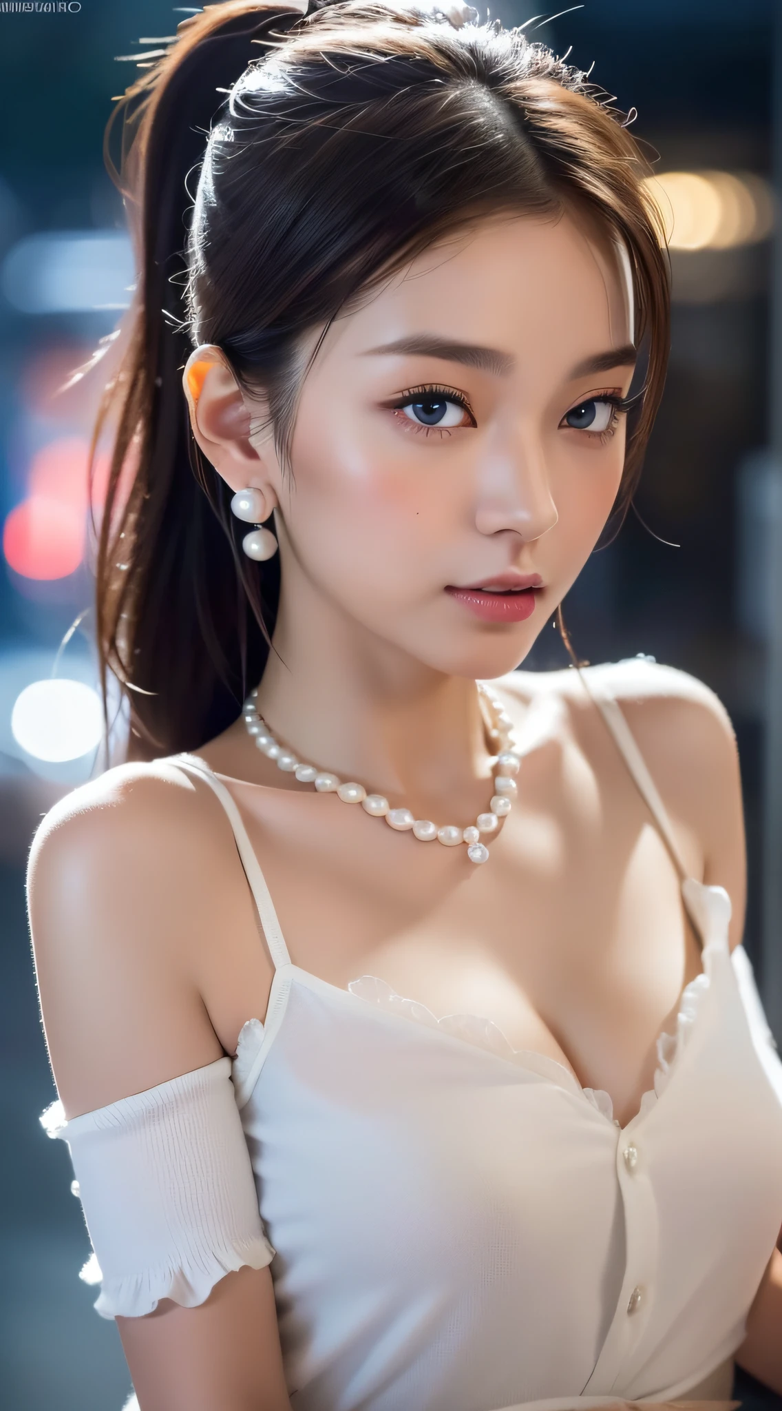 from side, hip up,((addielyn)), side pose, Random posture, night time, (An extremely delicate and beautiful work), (masterpiece), 1girl, streetwear, highly detailed, ponytail contorted, charming expression, beautiful and clear eyes, blue eye pupil, delicate pearl necklace, delicate earrings, simple blurred background, extreme detail description, beautiful, charming, ultra-fine painting, delicate face, delicate figure, Fine collarbones, lovely lips, soft behind, mix4,(8k, RAW photo, best quality, masterpiece:1.2), (realistic, photo-realistic:1.37),1girl,cute,cityscape, night, rain, wet, professional lighting, photon mapping, radiosity, physically-based rendering, above waist,