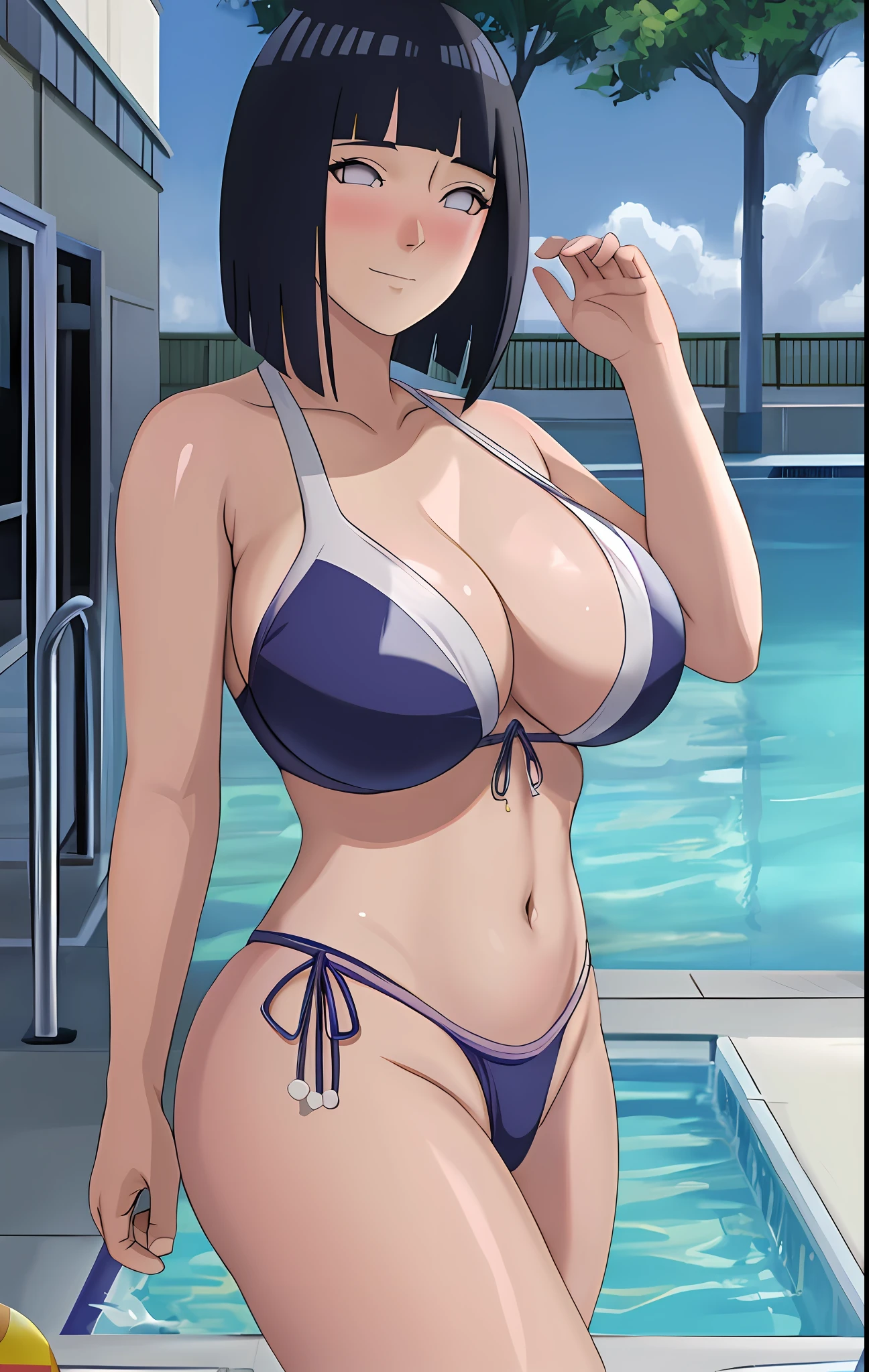 ((masterpiece:1.2)), best quality, Hyuga hinata, pretty face, cowboy_shot, looking_at_viewer, light smile, closed_mouth, pool, water, anime screencap, huge breasts, (blush), shiny skin, wide hips, blue school swimsuit,
