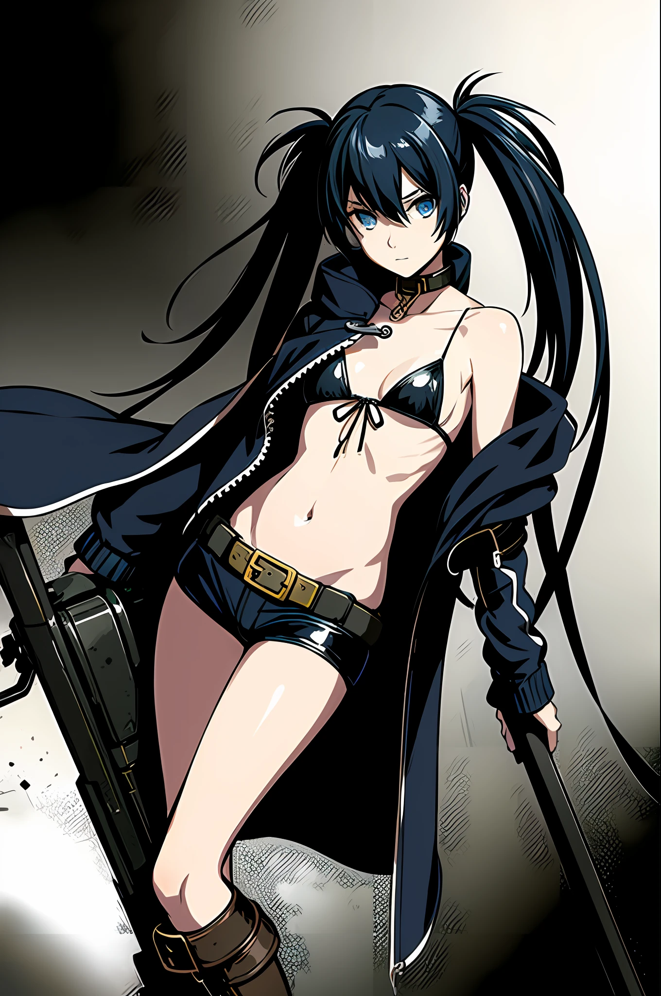 (masterpiece, top quality, best quality, official art, beautiful and aesthetic:1.2),1girl, bikini, bikini_top, black_hair, black_rock_shooter_\(character\), blue eyes,boots, broken, coat, collar, cuffs, flail, flat_chest, front-tie_top, jacket, long_hair, midriff, scar, shackles, shorts, solo, star_\(symbol\), swimsuit, twintails, uneven_twintails, very_long_hair,arm_cannon,dilapidated city,extreme detailed,(Steampunk:1.2),colorful,highest detailed,
