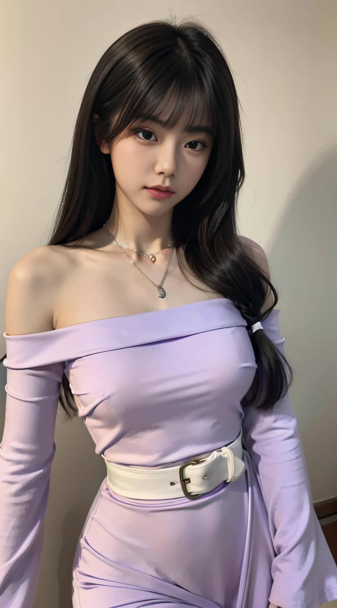 A Chinese woman on off-white wall background, fluffy hair, delicate face, realistic, real, slender, large aperture, wearing light purple dress, round neck dress, off-the-shoulder dress, tight dress, with black belt, with necklace,