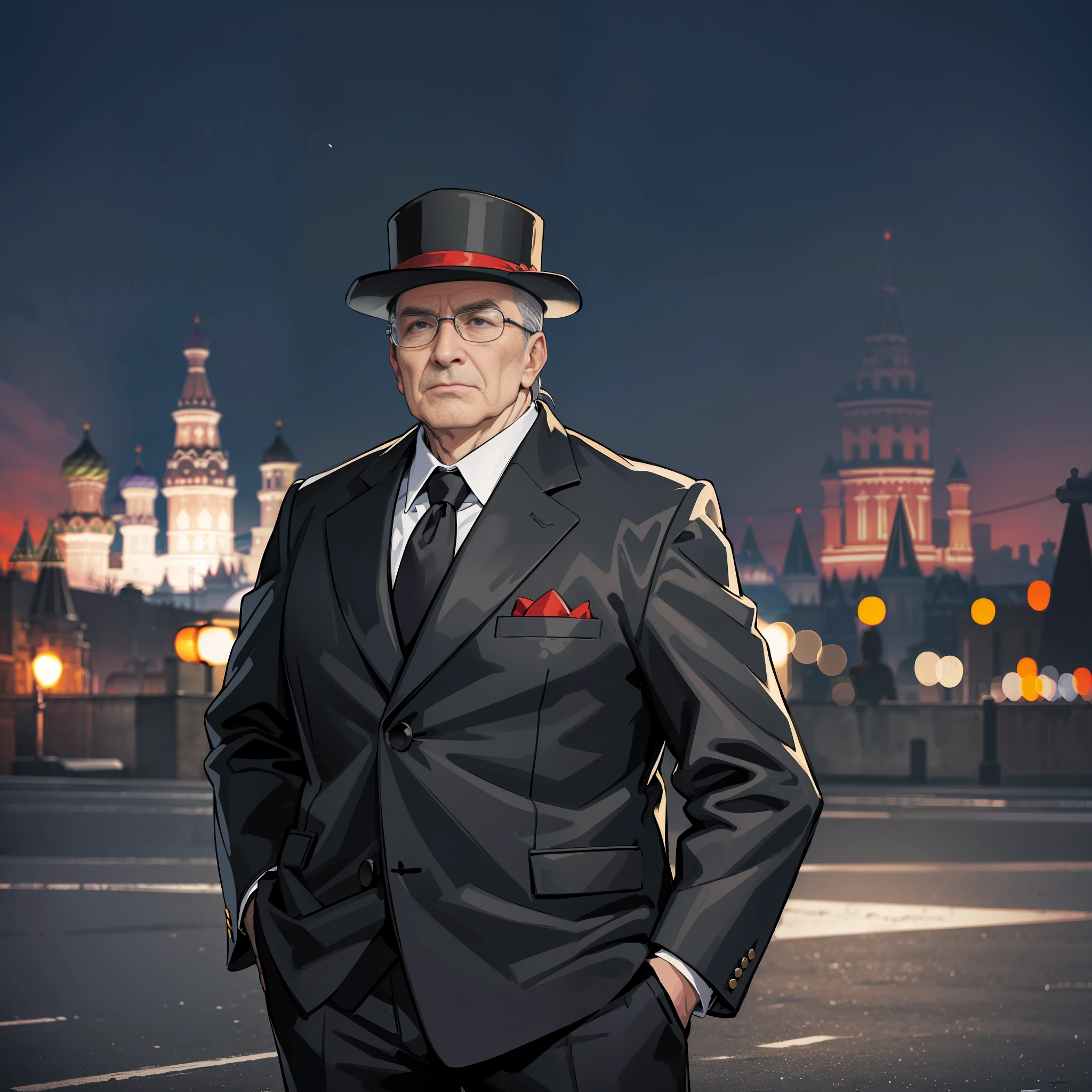 (Mafia Boss) ((The Man in the Jacket)) (((Moscow in the background))) the Kremlin, the cathedral, hands in pockets, confident look, night, luxurious, old, black car, masterpiece, excellent quality, 8k, excellent graphics
