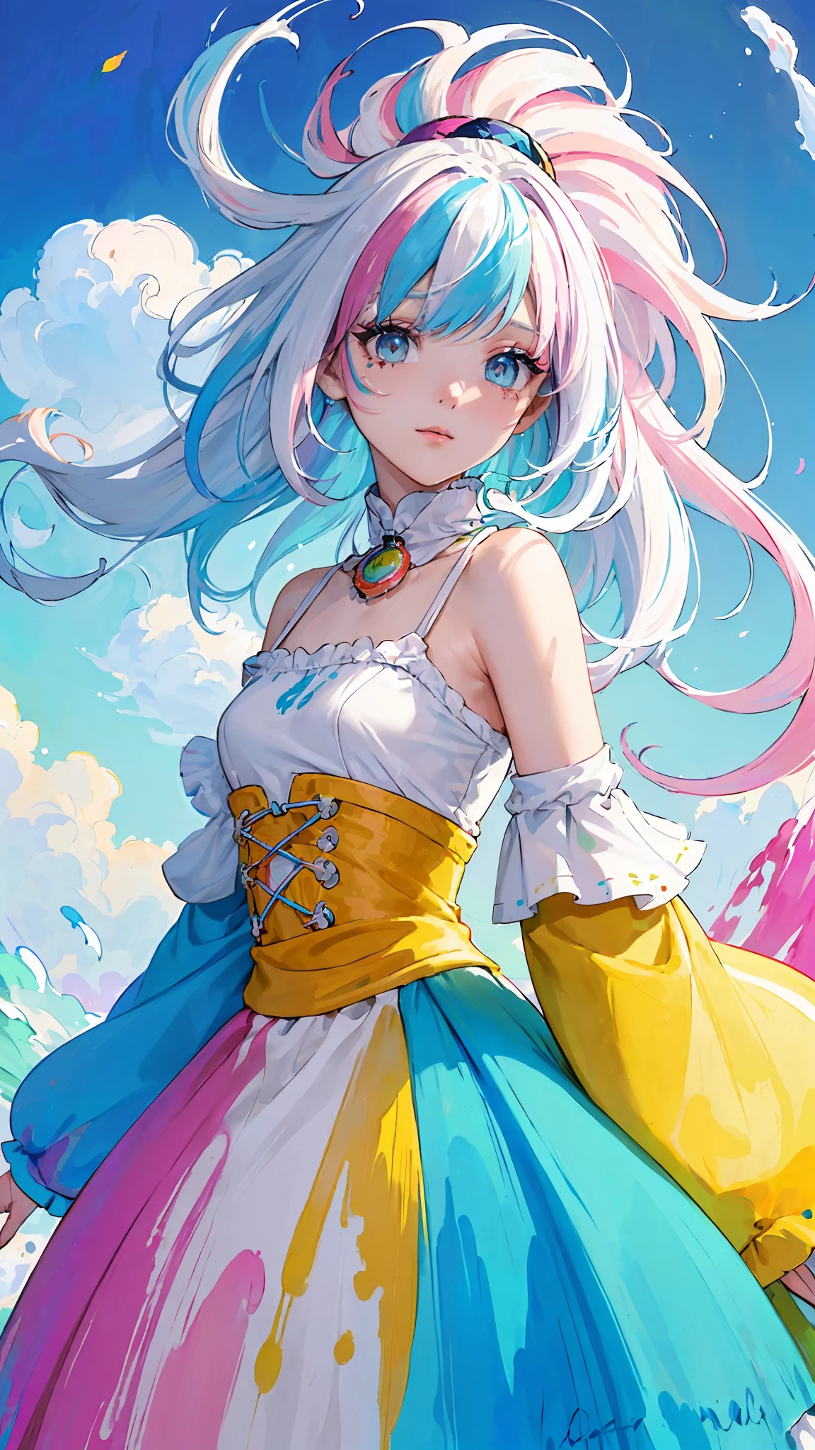 (Pink Fashion T-shirt:1.9),(Colorful hair: 1.8), (all the colours of the rainbow: 1.8),(((((vertical painting:1.6))), (painting:1.6),front, comics, illustrations, paintings, large eyes, crystal clear eyes,( rainbow color gradient high ponytail:1.7), exquisite makeup, closed mouth,(Small Fresh: 1.5),(Wipe Chest: 1.6) ,long eyelashes, white off shoulder T-shirt, White Shoulder Shirt,looking at the audience, large watery eyes, (rainbow colored hair:1.6), color splash, (solo:1.8), color splash, color explosion, thick paint style, messy lines, ((shining)),(colorful), (colorful), (colorful), colorful, Thick Paint Style, (Splash) (Color Splash), Vertical Painting, Upper Body, Paint Splash, Acrylic Pigment, Gradient, Paint, Highest Image Quality, Highest Quality, Masterpiece, Solo, Depth of Field, Face Paint, colorful clothes, (Elegant: 1.2), gorgeous,long hair, wind, (Elegant: 1.3), (Petals: 1.4),(((masterpiece))),(((best quality))),((ultra-detailed)),(illustration),(dynamic angle),((floating)),(paint),((disheveled hair)),(solo),(1girl) , (((detailed anima face))),((beautiful detailed face)),collar,bare shoulders,white hair, ((colorful hair)),((streaked hair)),beautiful detailed eyes,(Gradient color eyes),(((colorful eyes))),(((colorful background))),(((high saturation))),(((surrounded by colorful splashes))),