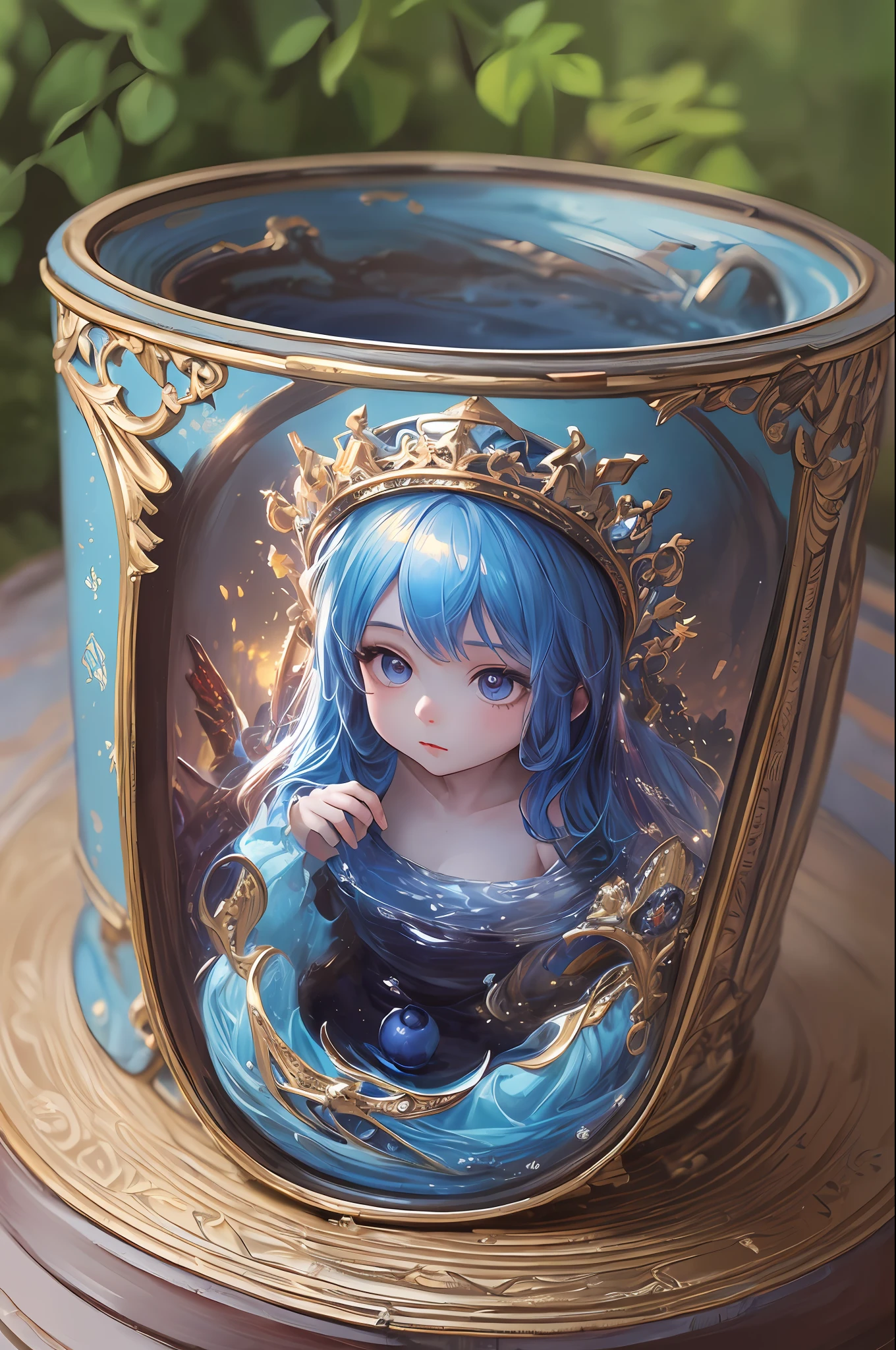 ( Absurd , High quality , ultra detailed, masterpiece, concept art, smooth, highly detailed artwork, hyper realistic painting ) , blueberry bookworm character , blueberry , blue hair , cute , whole body , Romantic , Vivid , outdoor background