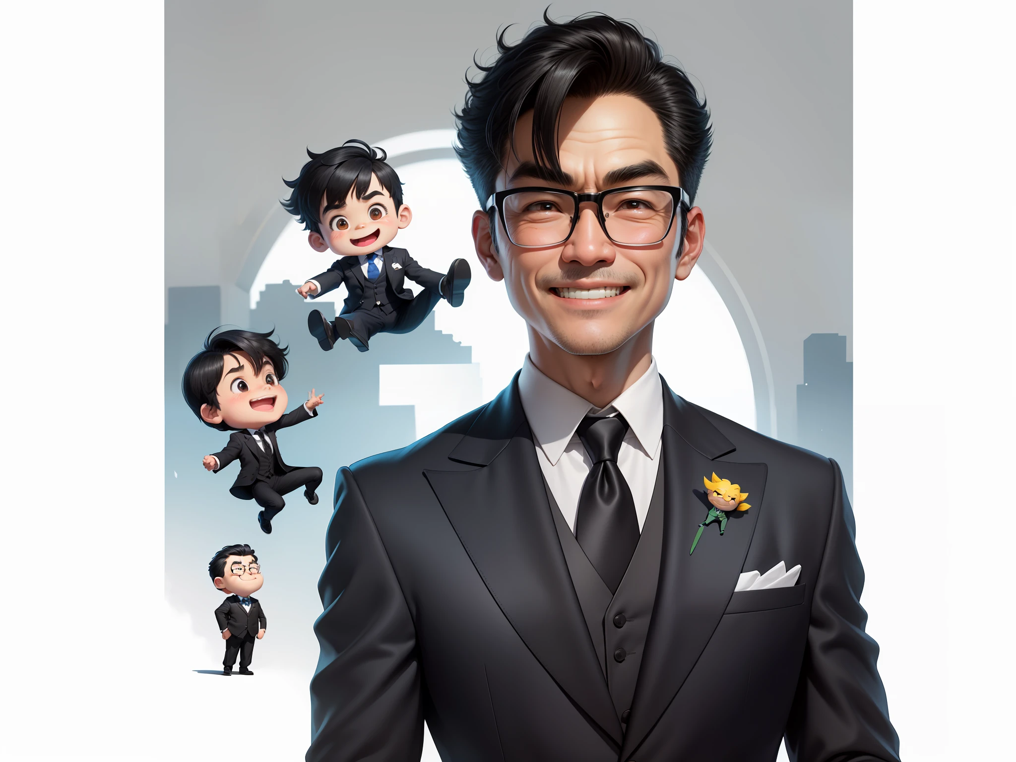 (Masterpiece), (Excellent), (Super Meticulous), (Full Body: 1.2), 1girl, Chibi, Cute, Smile, Open Mouth, Taiwanese middle-aged uncle male portrait, extremely detailed face, black hair, (super short hair) middle-aged handsome uncle, Taiwanese man, silver glasses, slightly chubby face, very clean face, black super short hair, black eyes, black suit, blue tie, confident smile, digital painting, film, character design of Mark Laydon and Pixar and Hayao Miyazaki, the illustration is a high-definition illustration in 4K resolution, With very detailed facial features and cartoon-style visuals.