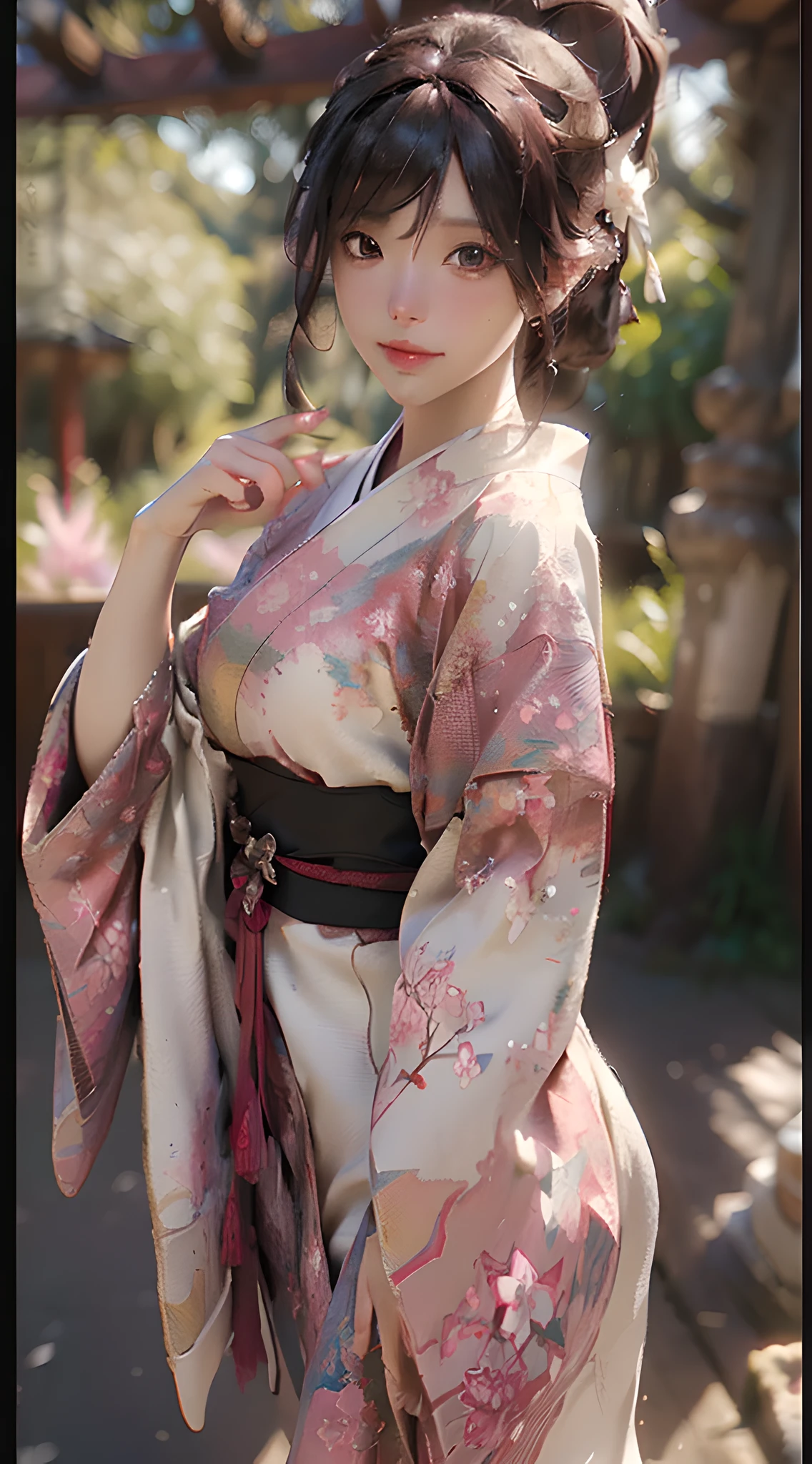 ((Best Quality)), ((Masterpiece), (Detail: 1.4), 3D, A Beautiful Japanese Female Image Surrounded by Cherry Blossom Trees, Japanese Architecture, HDR (High Dynamic Range), Ray Tracing, NVIDIA RTX, Super-Resolution, Unreal 5, Subsurface Scattering, PBR Textures, Post Processing, Anisotropic Filtering, Depth of Field, Maximum Clarity and Clarity, Multi-layer Textures, Albedo and Highlight Maps, Surface Shading, Accurate simulation of light-material interactions, perfect proportions, Octane Render, two-color light, large aperture, low ISO, white balance, rule of thirds, 8K RAW,