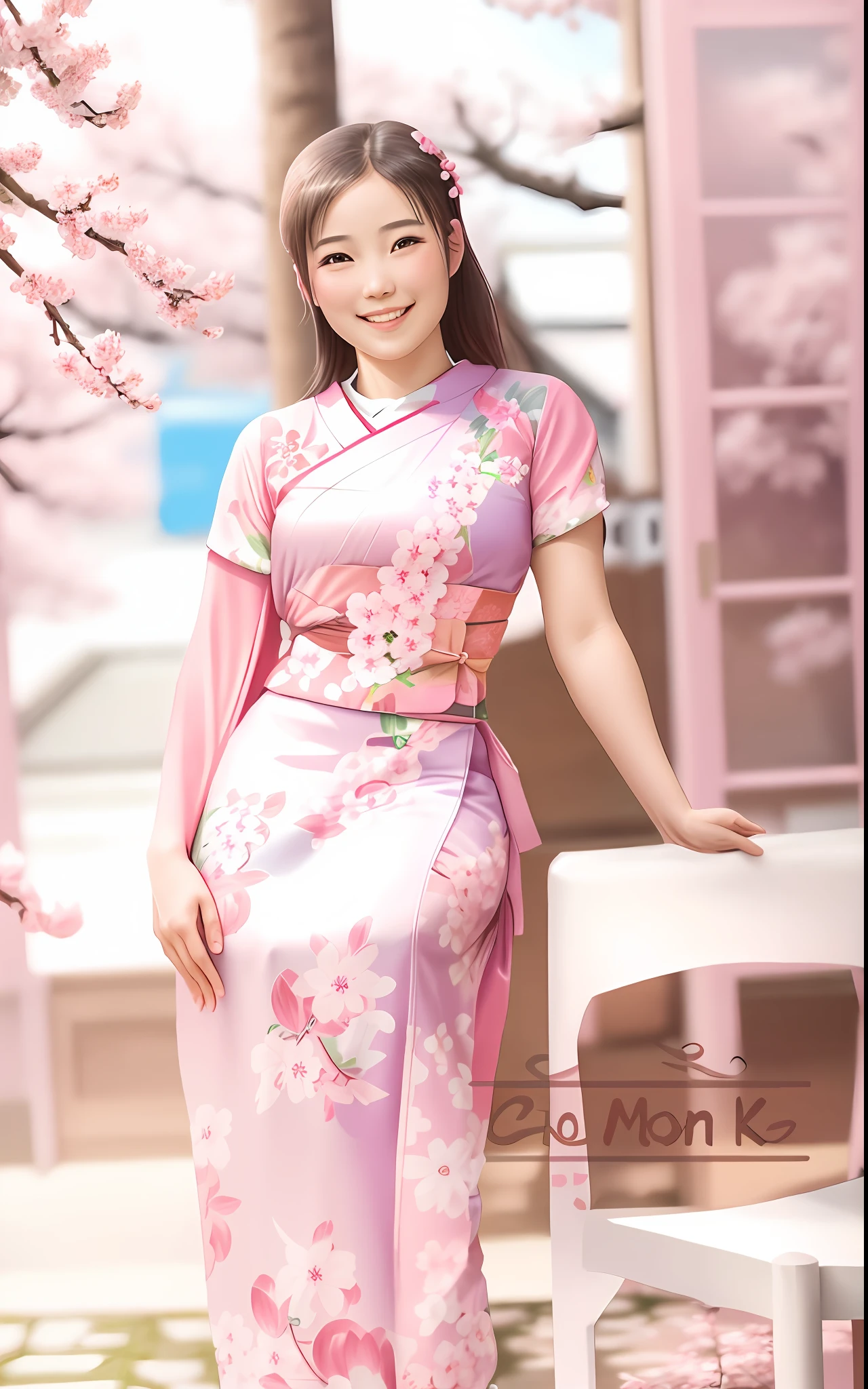 A smiling pretty girl under a Sakura tree, wearing a Kimono