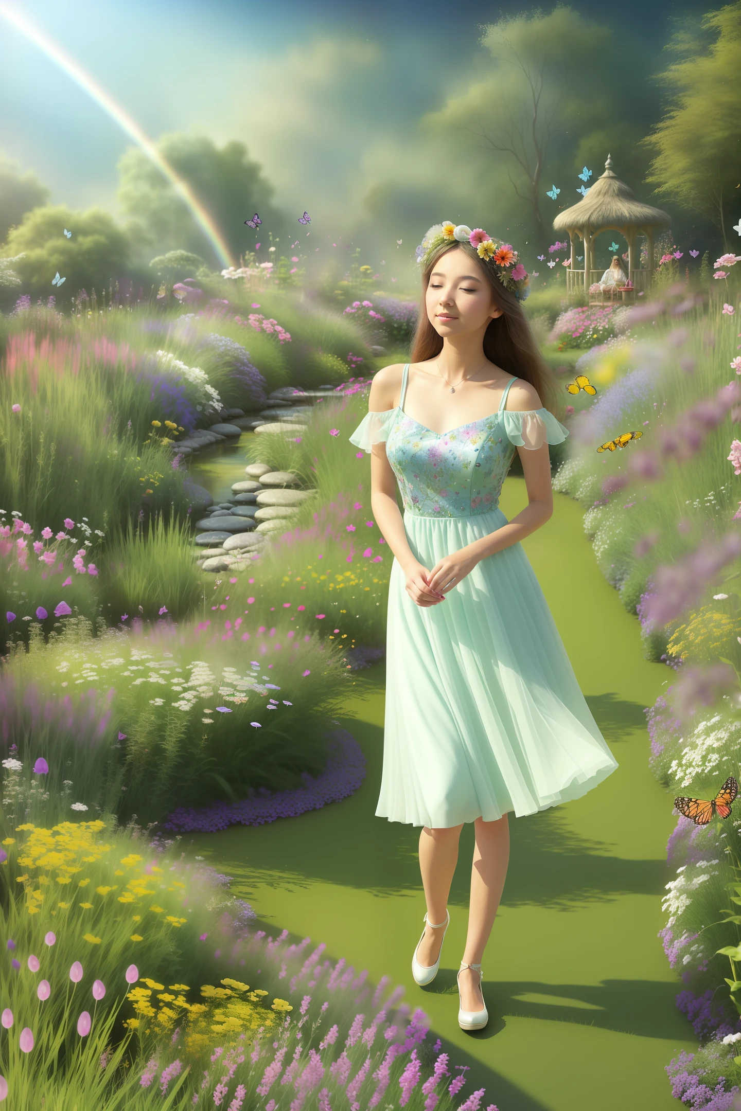 1girl, solo, full body, (masterpiece:1.21), (best quality:1.2), colorful, (illustration:1.2), (cinematic lighting:1.1), (bare shoulders:1.21), (collarbone:1.21)
In this whimsical and fantastical garden, the scene is illuminated by a rainbow of (colorful fireflies), dancing and fluttering in the air. The garden is decorated by a gentle (drizzle), creating a misty and ethereal atmosphere. In the center of the scene, there is a single girl, an extremely delicate and beautiful girl, with cute features and an innocent expression. Her long hair is flowing with the wind. She is wearing no shoulder straps dress, which is ultra low cut, highlighting her delicate curves.

The lighting is very delicate and beautiful, creating a soft and warm glow that highlights the water, making it sparkle like diamonds. The finest grass is also illuminated, creating a lush and verdant carpet. The garden is surrounded by colorful flower fields, with blooms of every color and shape. (Colorful butterflies), of every shade and size, can be seen fluttering around the scene, adding to the overall sense of wonder and magic. (look ai viewer),A blush can be seen on her nose, and her mouth is slightly open, adding to the overall sense of innocence and youthfulness. Falling petals can be seen floating around her, adding to the overall sense of romance and beauty. A gentle wind is blowing through the scene, making the leaves rustle and the flowers sway, adding to the overall sense of movement and life. This is a scene of pure wonder and magic, filled with color and beauty, where the viewer can lose themselves in the enchanting and captivating world.