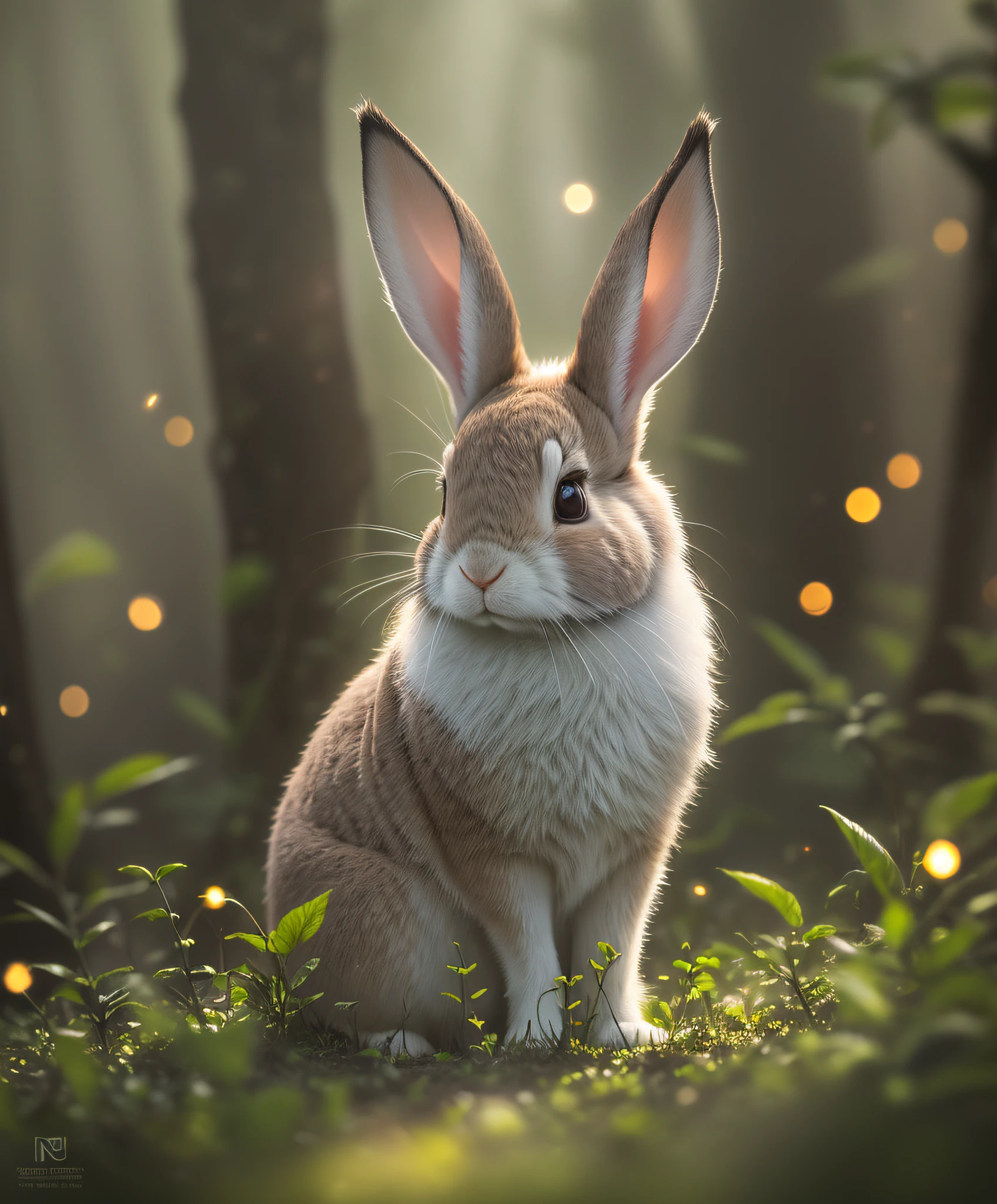 Close up photo of a rabbit in enchanted forest, late night, in the forest, backlight, fireflies, volumetric fog, halo, bloom, dramatic atmosphere, center, rule of thirds, 200mm 1.4f macro shot