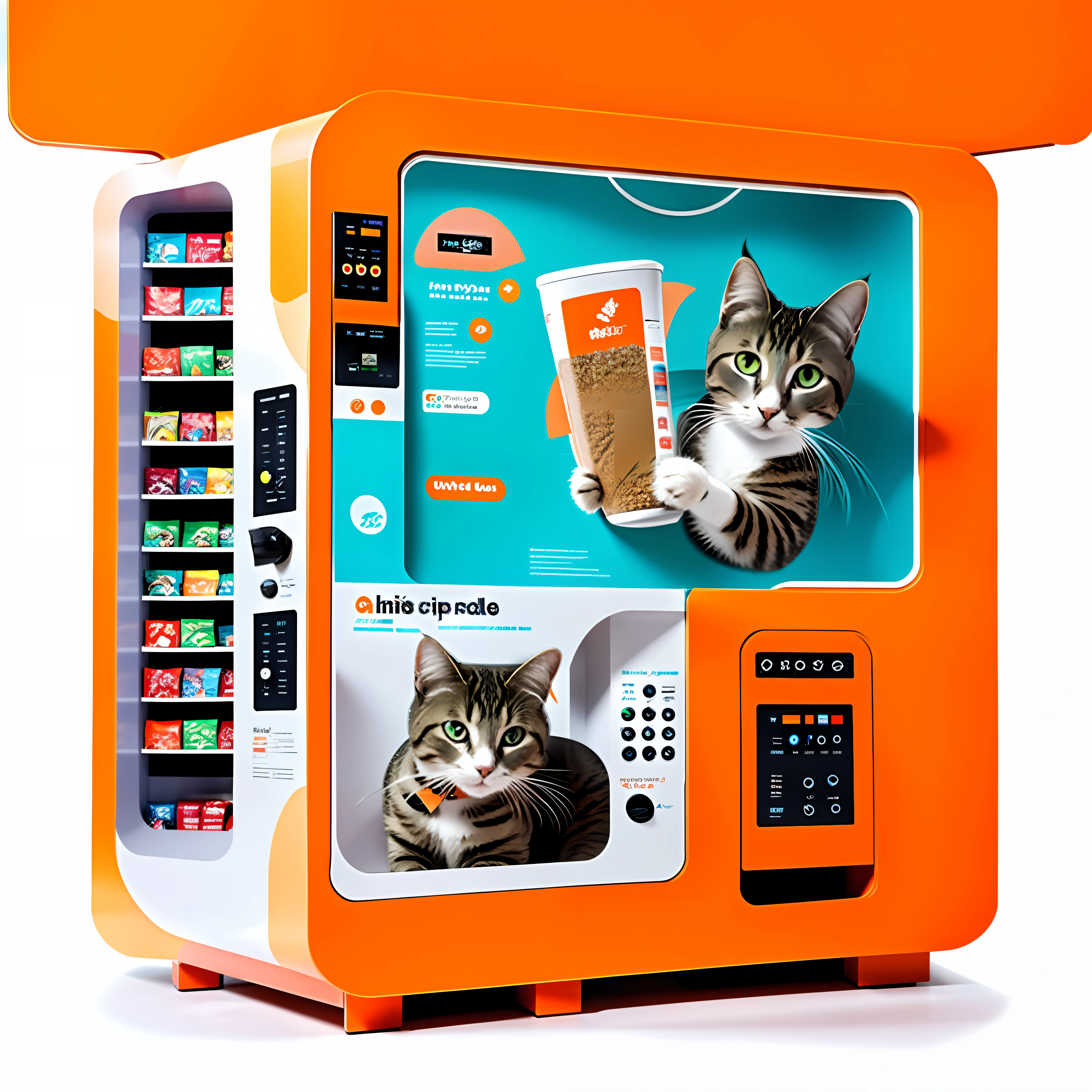 This cat food vending machine with a left side view, panel centered, official product image, the left side of the fuselage draws a cat element pattern design, the upper large screen is the advertising screen non-body, the small screen at the bottom right is the card machine, the body has the style of a cat, the body appears reasonable elements with graphic design, the color can be mainly light orange, realistic