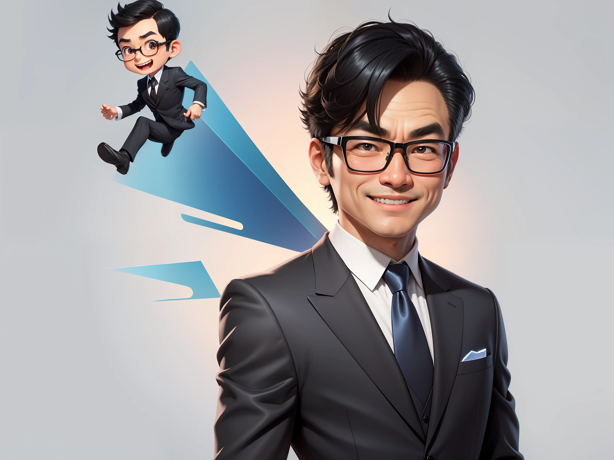(Masterpiece), (Excellent), (Super Meticulous), (Full Body: 1.2), 1girl, Chibi, Cute, Smile, Open Mouth, Taiwanese middle-aged uncle male portrait, extremely detailed face, black hair, (super short hair) middle-aged handsome uncle, Taiwanese man, silver glasses, slightly chubby face, very clean face, black super short hair, black eyes, black suit, blue tie, confident smile, digital painting, film, character design of Mark Laydon and Pixar and Hayao Miyazaki, the illustration is a high-definition illustration in 4K resolution, With very detailed facial features and cartoon-style visuals.