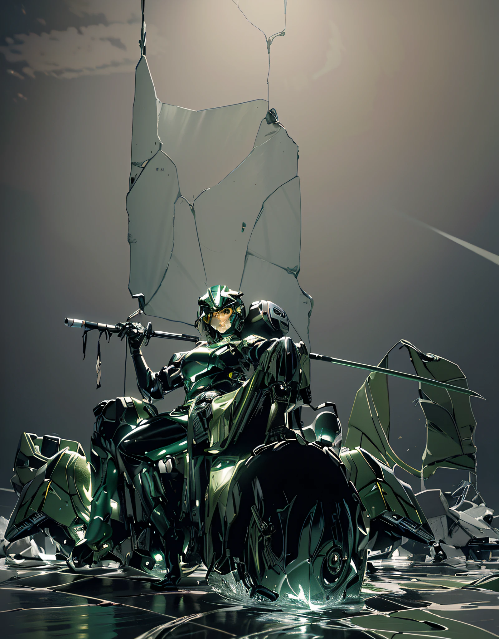 Highest image quality, outstanding details, ultra-high resolution, (realism: 1.4), the best illustration, favor details, highly condensed 1girl, with a delicate and beautiful face, dressed in a black and green mecha, wearing a mecha helmet, holding a directional controller, riding on a motorcycle, the background is a high-tech lighting scene of the future city.