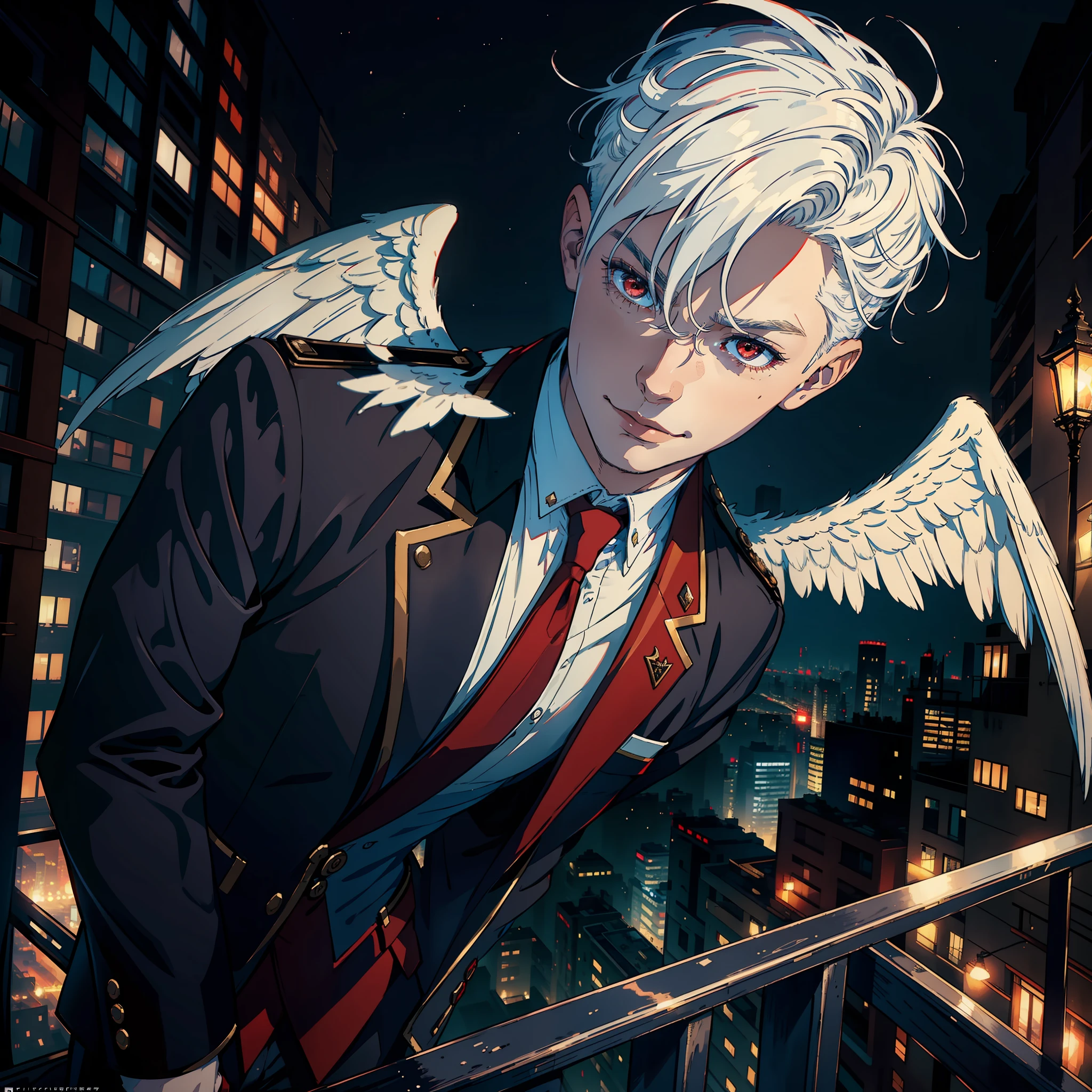 ((realistic: 1.5)),((best quality)), ((masterpiece)),((detailed)), man, young, white hair, short hair, red eyes, angel wings, general's outfit, focus on face, honest smile, city at night