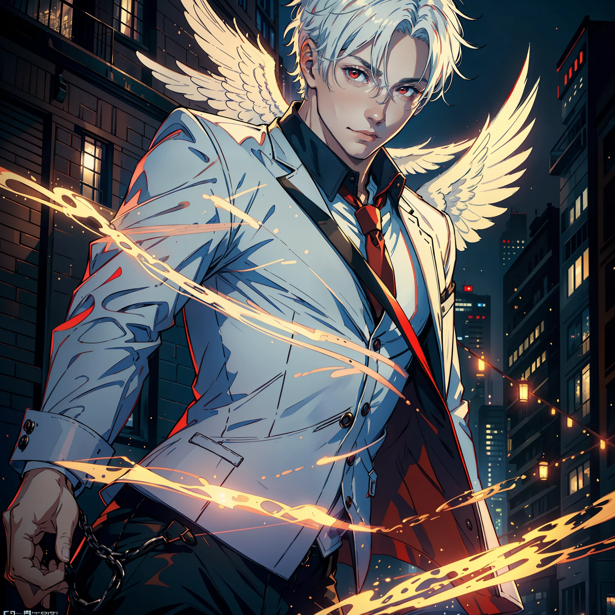 ((realistic: 1.5)),((best quality)), ((masterpiece)),((detailed)), man, young, white hair, short hair, red eyes, angel wings, general's outfit, focus on face, honest smile, city at night