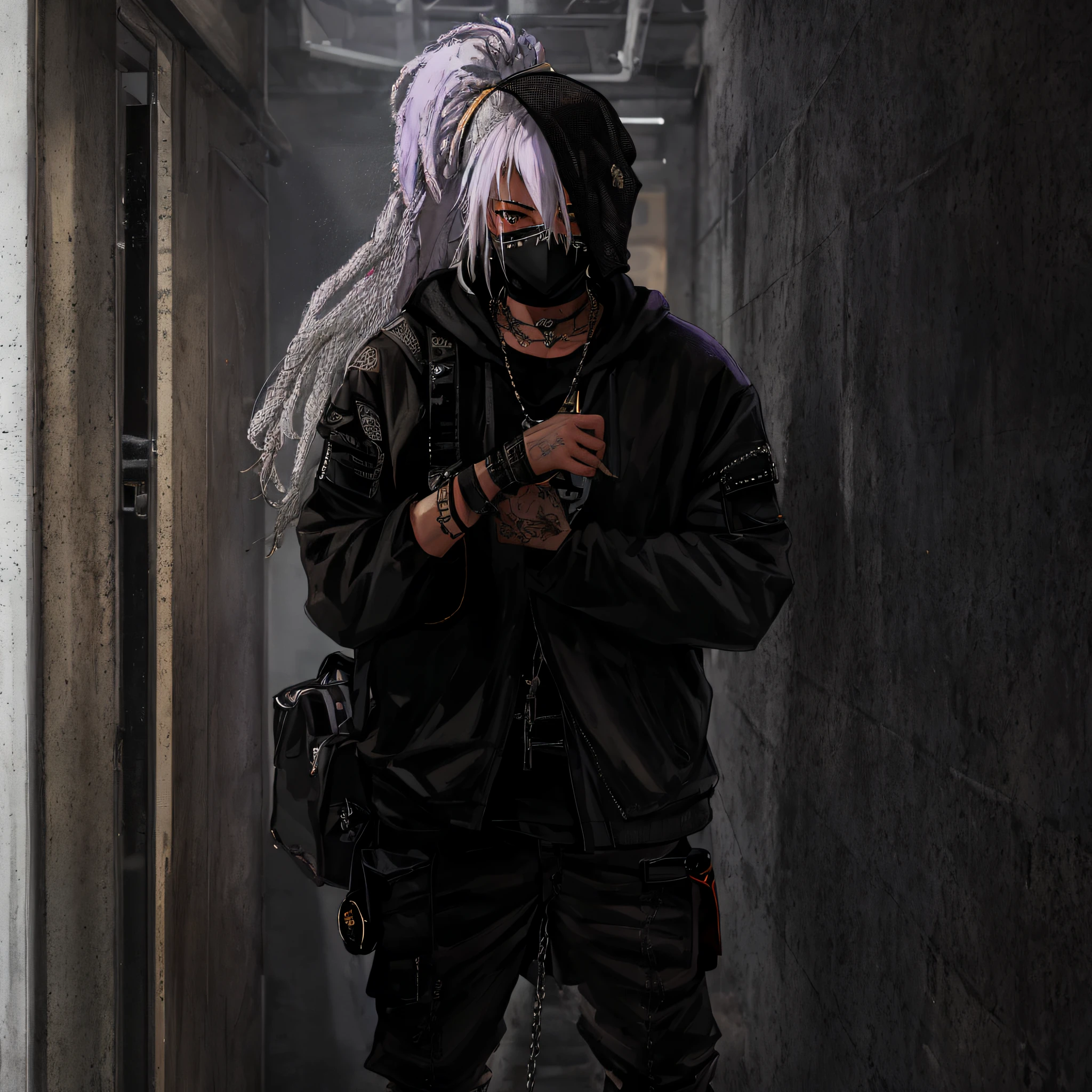((ultra realistic details)), arafed white man with white dreadlocks and a hoodie standing in a dark hallway, black mask, blue eyes, badass anime, portrait, global illumination, shadows, octane render, 8k, ultra sharp, metal, intricate, ornaments detailed, perfectly drawn, perfect proportions, cold colors, lil peep, lil pump, xxxtentacion, justin bieber, marshal maters, highly intricate details, realistic light, trending on cgsociety, glowing eyes, facing camera, sicko, trending, ashy, photo from a promo shoot, end of an era, official artwork, promo image, dark walls, steampunk, punk, trapstar, album cover, white man, blue eyes, chains, rings, holding a microphone, lil peep, masked, shinobi, alternate album cover, album cover!, xxxtentacion, album art cover, album art, new album cover, yung lean, music album cover, album cover, rap album cover, colored album art, hardops, arca album cover, an album cover, album artwork, sicko, trending, anime artsyle, dark, darkness, shadows, orange, blood, crime, katana, bandana, shinobi mask, perfect proportions, beautiful eyes, beautiful face, amazing, masterpiece, high resolution, 8k, 3d, shadows, lights, purple shades, perfectly drawn