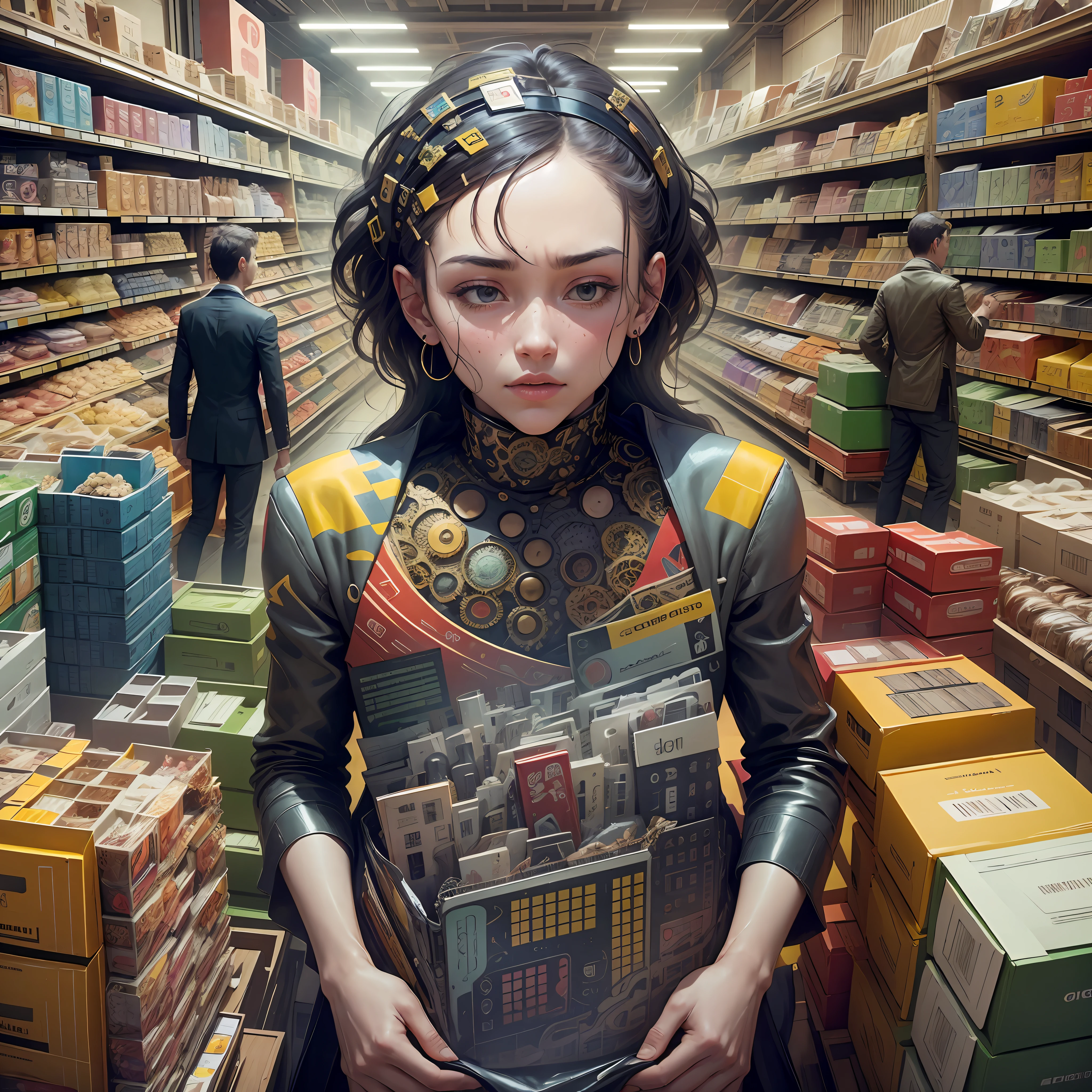 A large human figure is represented, with the body formed by a myriad of objects and products, symbolizing our capitalist and consumerist society. The figure is composed of colorful and bright elements, standing out amid a dark background. The central figure is surrounded by a multitude of diverse objects such as smartphones, laptops, shopping bags, food packaging, cars and other goods. These elements are represented in different shapes, sizes and vibrant colors, creating a kaleidoscope effect. The colors used are intense and contrasting, reflecting the frenetic and flashy nature of consumerism. Vibrant reds, bright yellows, electric blues and shimmering greens fill the frame, creating a sense of energy and movement. However, as one observes more closely, subtle details emerge from the composition. Small price labels are pasted on some of the objects, indicating the commercial nature of these goods. In addition, it is possible to notice distorted and tired facial expressions in the people represented, suggesting the dissatisfaction and emptiness generated by rampant consumerism. There is also a contrast between the central figure, which is depicted in high definition and detail, and the dark background, which represents the shadow and obscurity underlying this consumerist society. --auto --s2