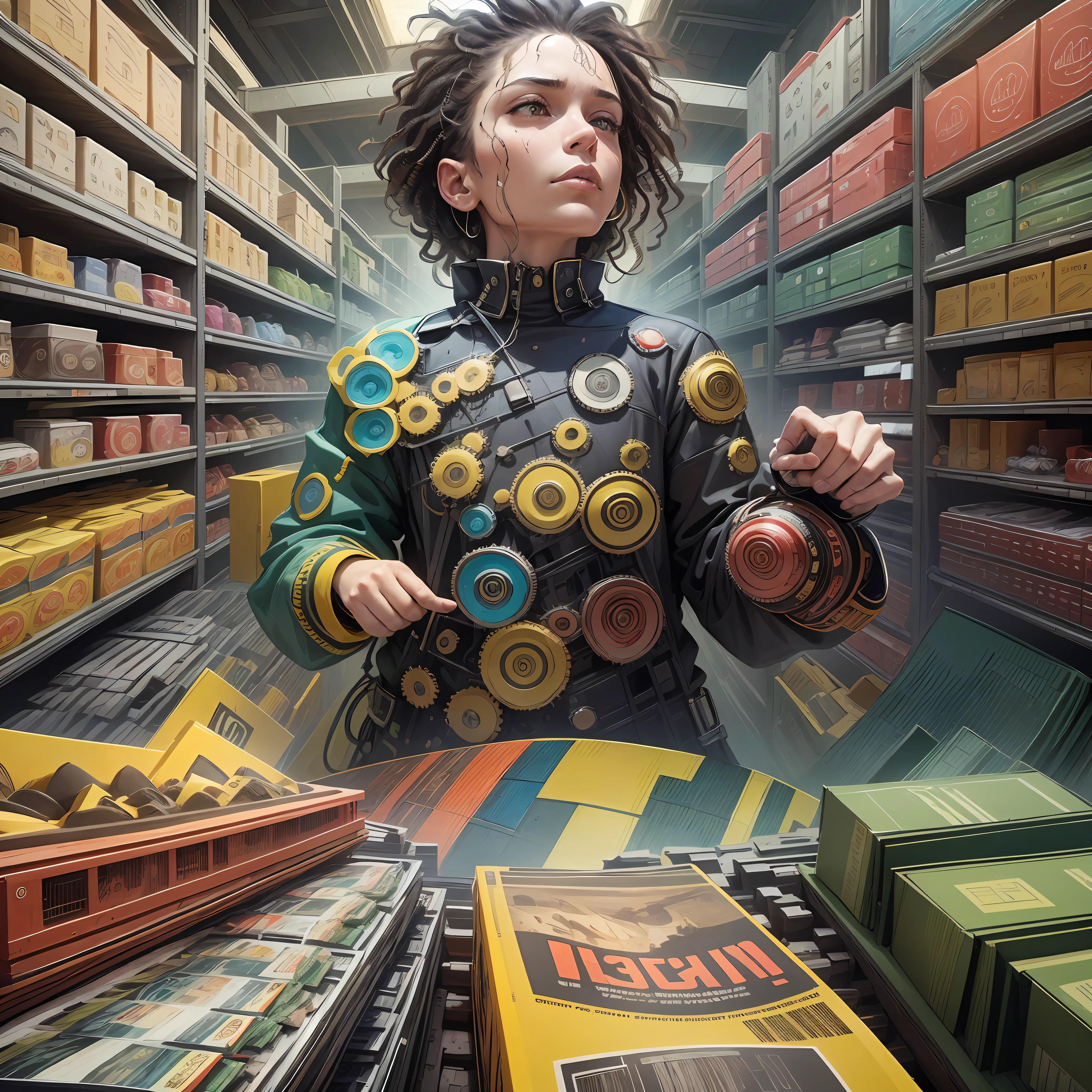 A large human figure is represented, with the body formed by a myriad of objects and products, symbolizing our capitalist and consumerist society. The figure is composed of colorful and bright elements, standing out amid a dark background. The central figure is surrounded by a multitude of diverse objects such as smartphones, laptops, shopping bags, food packaging, cars and other goods. These elements are represented in different shapes, sizes and vibrant colors, creating a kaleidoscope effect. The colors used are intense and contrasting, reflecting the frenetic and flashy nature of consumerism. Vibrant reds, bright yellows, electric blues and shimmering greens fill the frame, creating a sense of energy and movement. However, as one observes more closely, subtle details emerge from the composition. Small price labels are pasted on some of the objects, indicating the commercial nature of these goods. In addition, it is possible to notice distorted and tired facial expressions in the people represented, suggesting the dissatisfaction and emptiness generated by rampant consumerism. There is also a contrast between the central figure, which is depicted in high definition and detail, and the dark background, which represents the shadow and obscurity underlying this consumerist society. --auto --s2