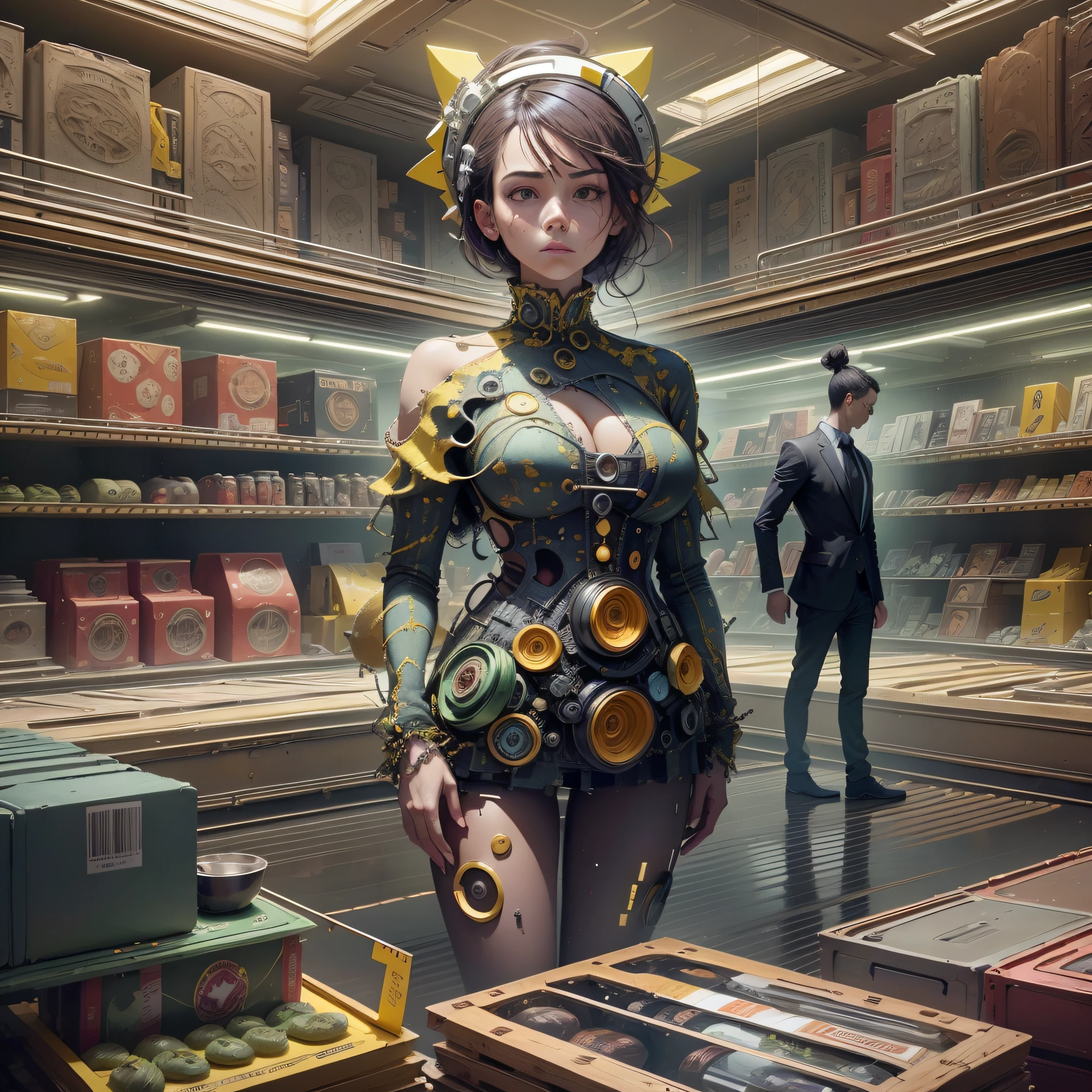 A large human figure is represented, with the body formed by a myriad of objects and products, symbolizing our capitalist and consumerist society. The figure is composed of colorful and bright elements, standing out amid a dark background. The central figure is surrounded by a multitude of diverse objects such as smartphones, laptops, shopping bags, food packaging, cars and other goods. These elements are represented in different shapes, sizes and vibrant colors, creating a kaleidoscope effect. The colors used are intense and contrasting, reflecting the frenetic and flashy nature of consumerism. Vibrant reds, bright yellows, electric blues and shimmering greens fill the frame, creating a sense of energy and movement. However, as one observes more closely, subtle details emerge from the composition. Small price labels are pasted on some of the objects, indicating the commercial nature of these goods. In addition, it is possible to notice distorted and tired facial expressions in the people represented, suggesting the dissatisfaction and emptiness generated by rampant consumerism. There is also a contrast between the central figure, which is depicted in high definition and detail, and the dark background, which represents the shadow and obscurity underlying this consumerist society. --auto --s2