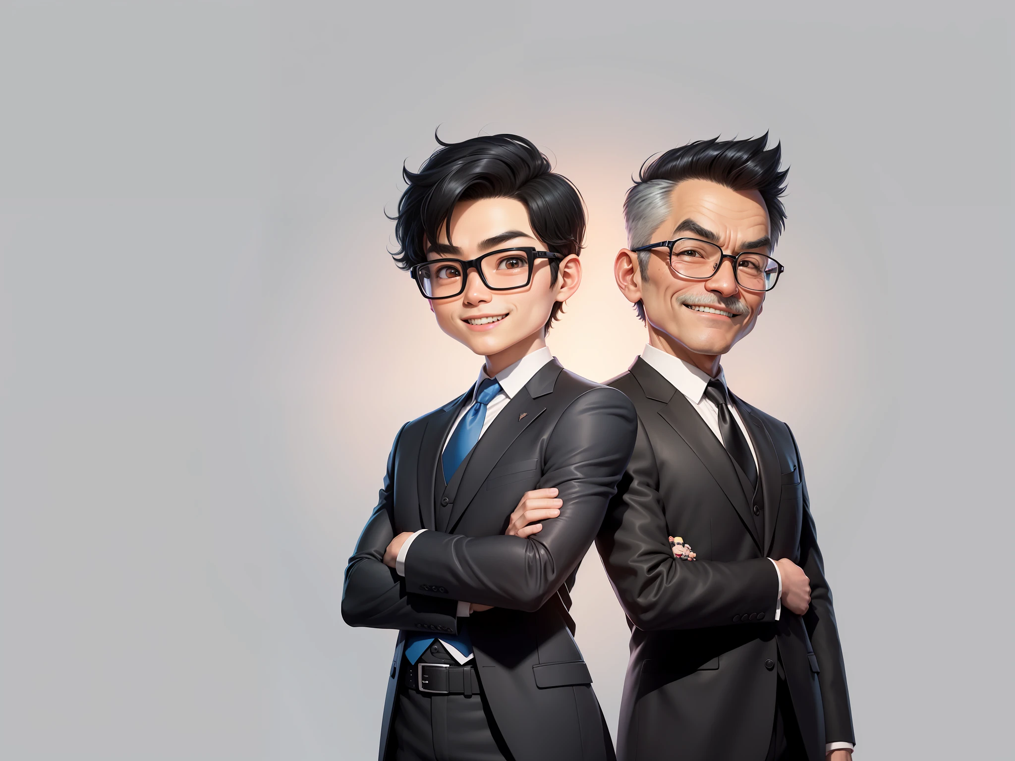(Masterpiece), (Excellent), (Super Meticulous), (Full Body: 1.2), 1girl, Chibi, Cute, Smile, Open Mouth, Taiwanese middle-aged uncle male portrait, extremely detailed face, black hair, (super short hair) middle-aged handsome uncle, Taiwanese man, silver glasses, slightly chubby face, very clean face, black super short hair, black eyes, black suit, blue tie, confident smile, digital painting, film, character design of Mark Laydon and Pixar and Hayao Miyazaki, the illustration is a high-definition illustration in 4K resolution, With very detailed  features and cartoon-style visuals.