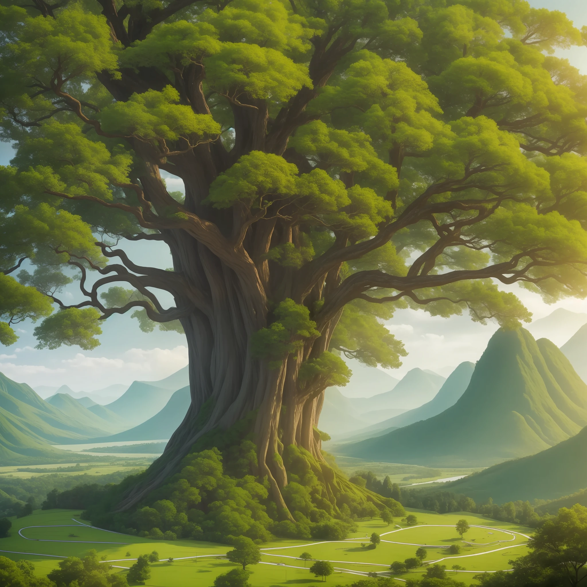 In this vast world, a tall Tongtian God Tree stands majestically, with a thick trunk and a green crown, making people feel its incomparable majesty and mystery.
The height of this Tongtian Divine Tree is immeasurable, and its trunk is straight, seemingly connecting the surface of the earth and the heavenly dome. Its trunk is covered with lines and folds, indicating that it has endured countless years of wind and frost, wind and rain. The trunk has countless braid-like tangled roots, extending outward from the top of the trunk, like long thick hairs extending from the trunk.
The canopy of the trees is in the clouds, and the branches and leaves cover the sky, giving people a feeling of covering the sky. Each leaf takes on an emerald green hue, revealing a mesmerizing world, and the entire canopy is shrouded in a mysterious atmosphere.
The whole picture uses a strong natural tone, dark green leaves blending with brown trunks, growing in an incredible ground, condensing a deep and concentrated force of nature.