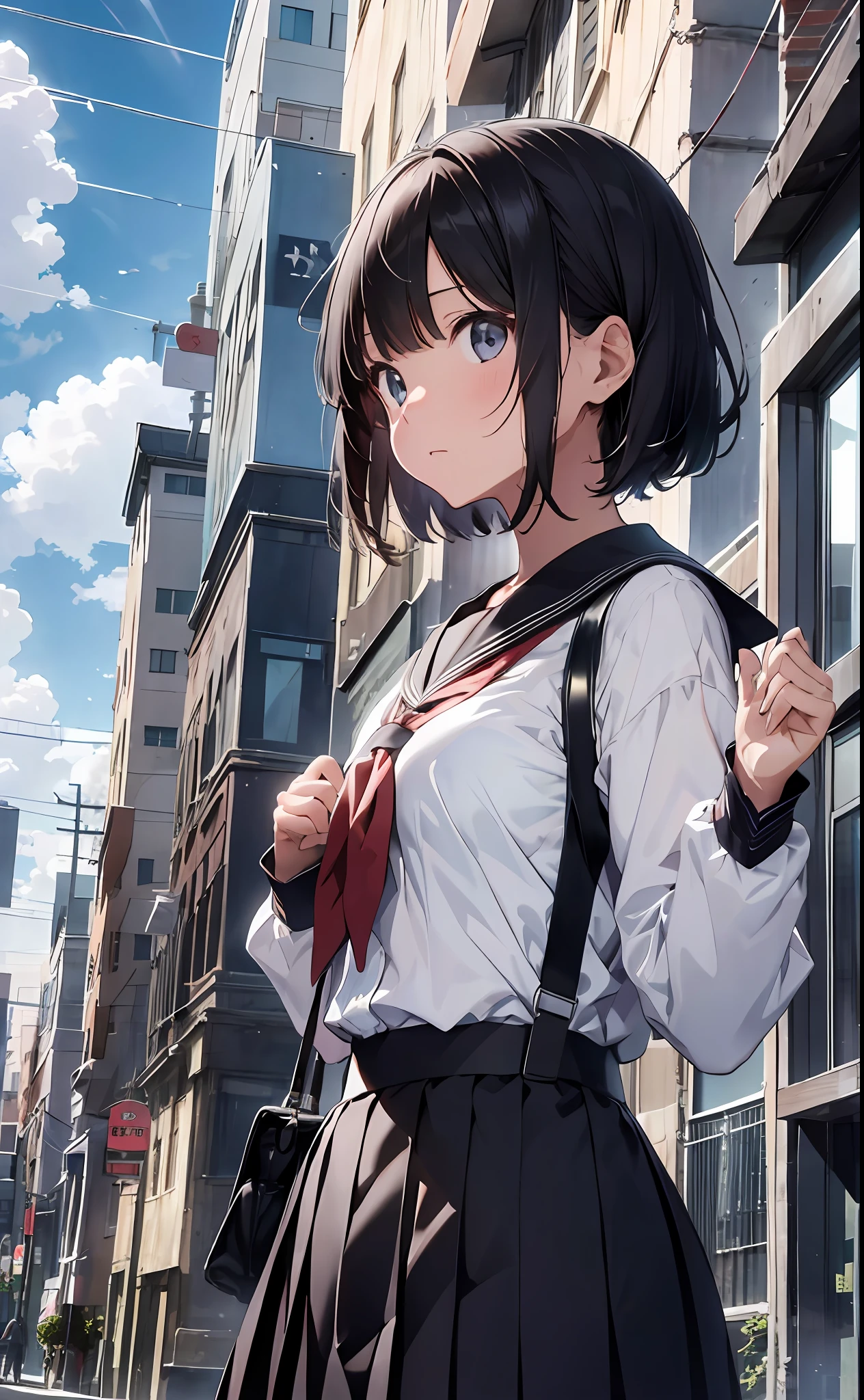 【Gem, Best Quality】1 girl, from below, solo, uniform, seraphk, sky, clouds, black hair, skirt, sailor color, person watching viewer, short hair, building, bangs, neckerchief, long sleeve, cloudy sky, electric wire, shirt, cityscape, pleated skirt, landscape, dull bangs, city, night, black sailor color, closed mouth black skirt, medium hair, school bag, Holding Bag