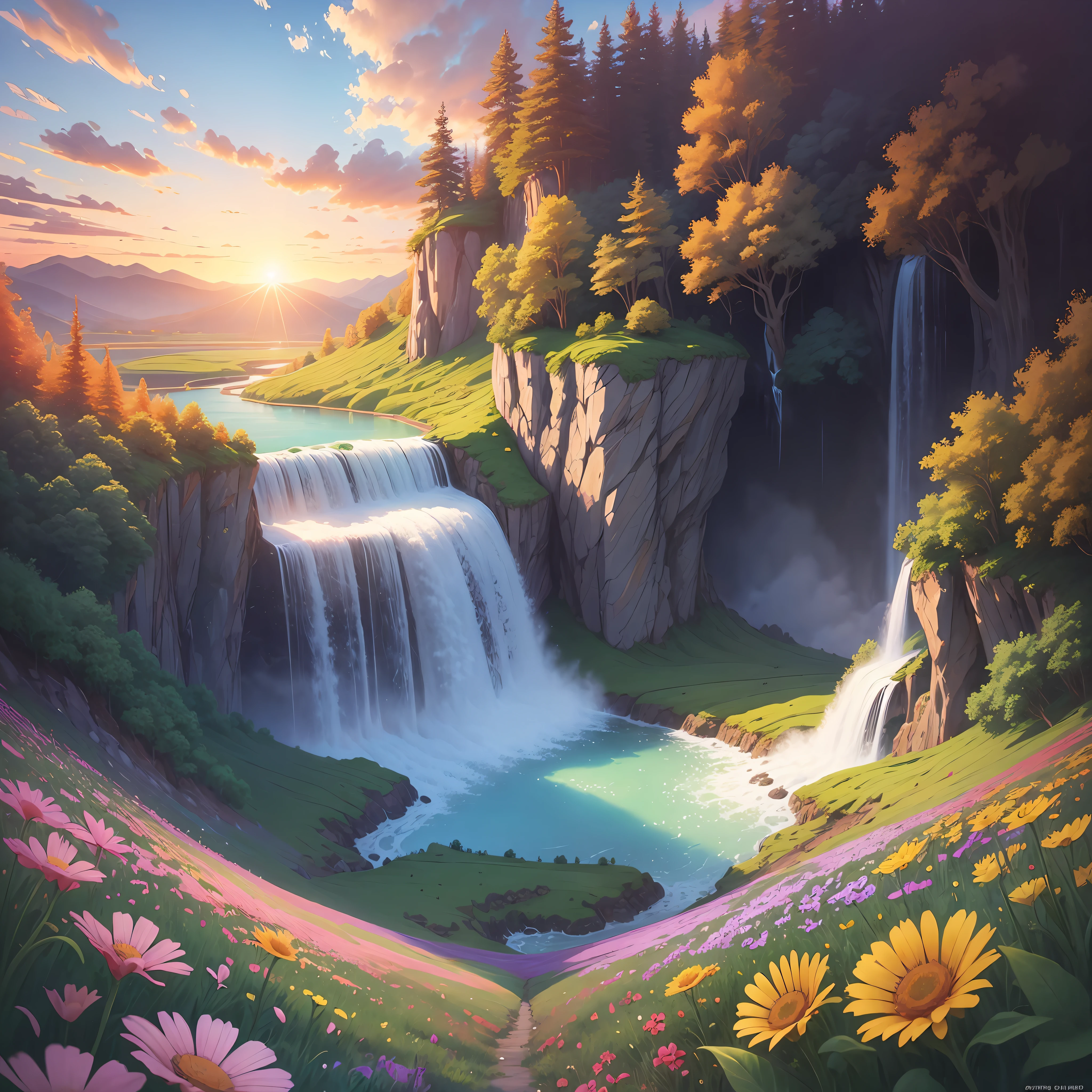 cartoon, Capture the beauty of a colorful sunset, a field of flowers in full bloom or a moving waterfall. --auto --s2