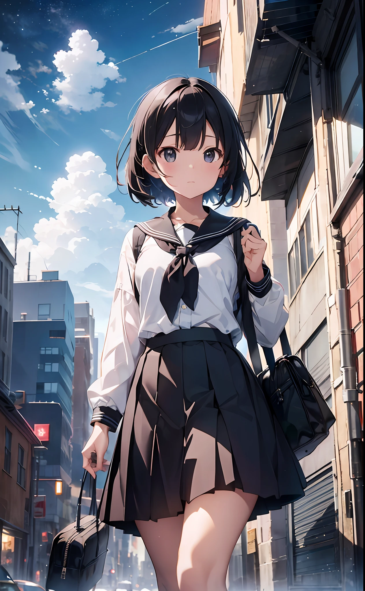 【Gem, Best Quality】1 girl, from below, solo, uniform, seraphk, sky, clouds, black hair, skirt, sailor color, person watching viewer, short hair, building, bangs, neckerchief, long sleeve, cloudy sky, electric wire, shirt, cityscape, pleated skirt, landscape, dull bangs, city, night, black sailor color, closed mouth black skirt, medium hair, school bag, Holding Bag