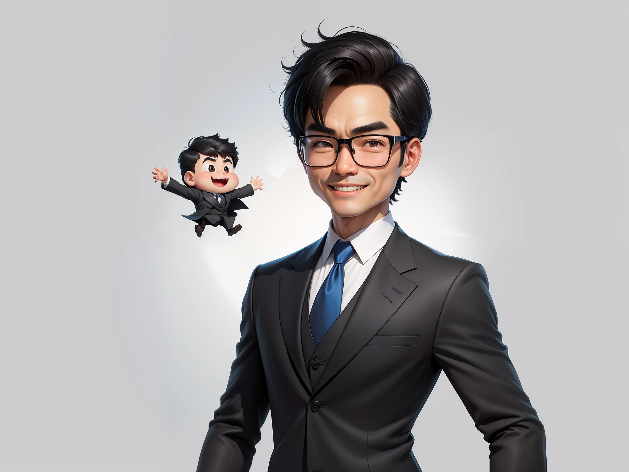 (Masterpiece), (Excellent), (Super Meticulous), (Full Body: 1.2), 1girl, Chibi, Cute, Smile, Open Mouth, Taiwanese middle-aged uncle male portrait, extremely detailed face, black hair, (super short hair) middle-aged handsome uncle, Taiwanese man, silver glasses, slightly chubby face, very clean face, black super short hair, black eyes, black suit, blue tie, confident smile, digital painting, film, character design of Mark Laydon and Pixar and Hayao Miyazaki, the illustration is a high-definition illustration in 4K resolution, With very detailed facial features and cartoon-style visuals.